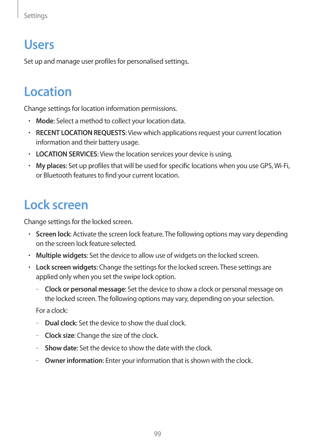 Samsung GT-P5220ZWASEB, GT-P5220ZWAVD2, GT-P5220MKADBT, GT-P5220ZWADTM, GT-P5220MKATMN manual Users, Location, Lock screen 