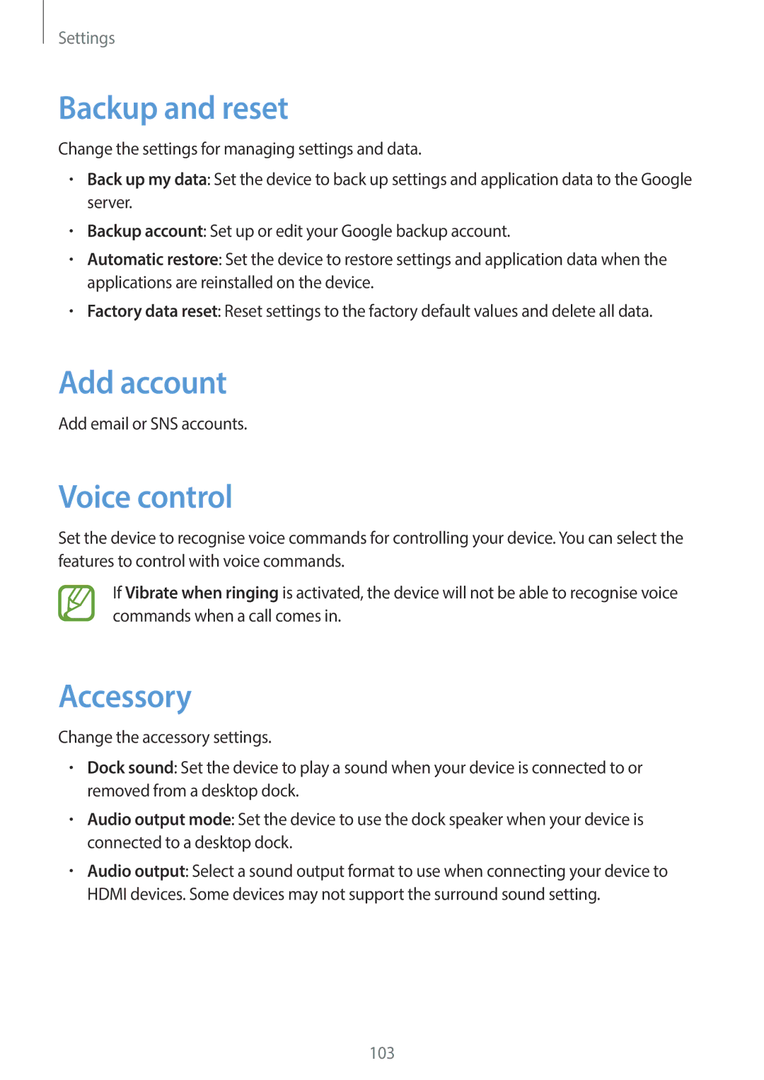 Samsung GT-P5220ZWATIM, GT-P5220ZWASEB, GT-P5220ZWAVD2 manual Backup and reset, Add account, Voice control, Accessory 