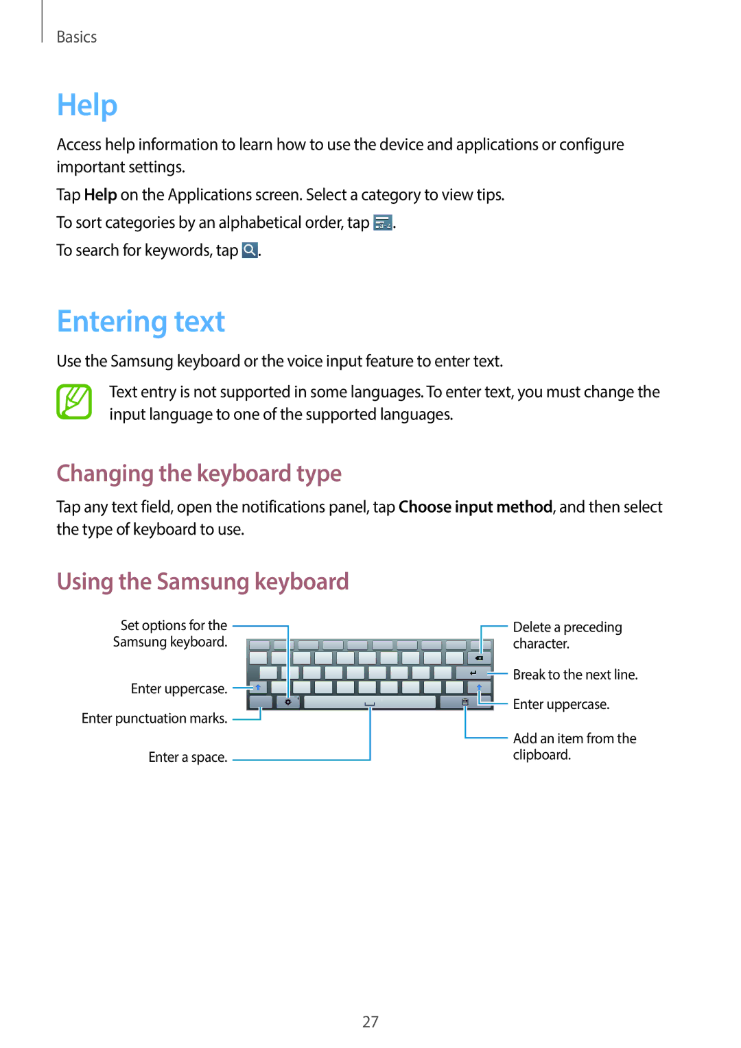 Samsung GT-P5220MKATMN, GT-P5220ZWASEB manual Help, Entering text, Changing the keyboard type, Using the Samsung keyboard 