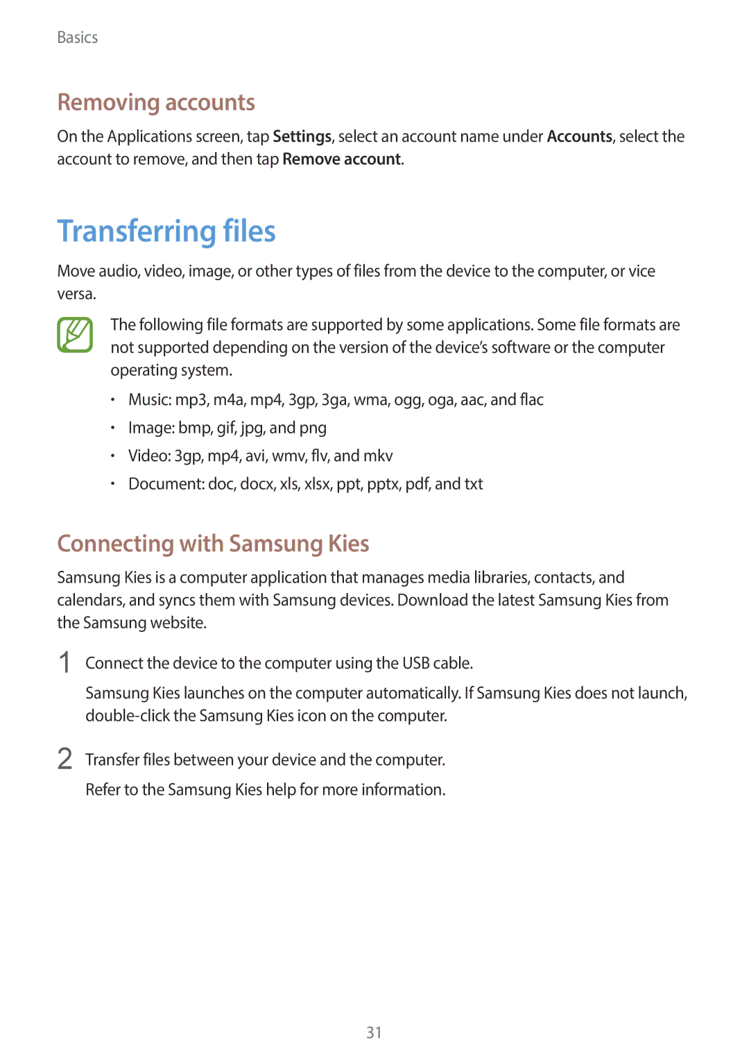 Samsung GT-P5220ZWAFTM, GT-P5220ZWASEB, GT-P5220ZWAVD2 Transferring files, Removing accounts, Connecting with Samsung Kies 