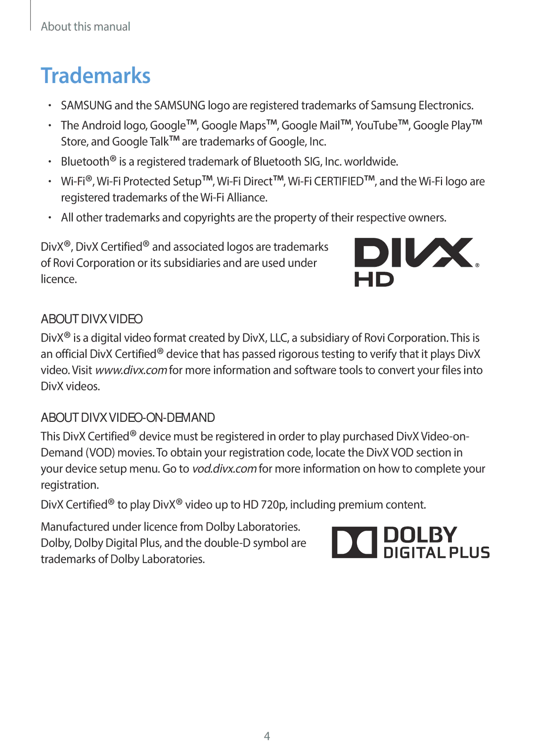 Samsung GT-P5220MKATMN, GT-P5220ZWASEB, GT-P5220ZWAVD2 manual Trademarks, About Divx Video About Divx VIDEO-ON-DEMAND 