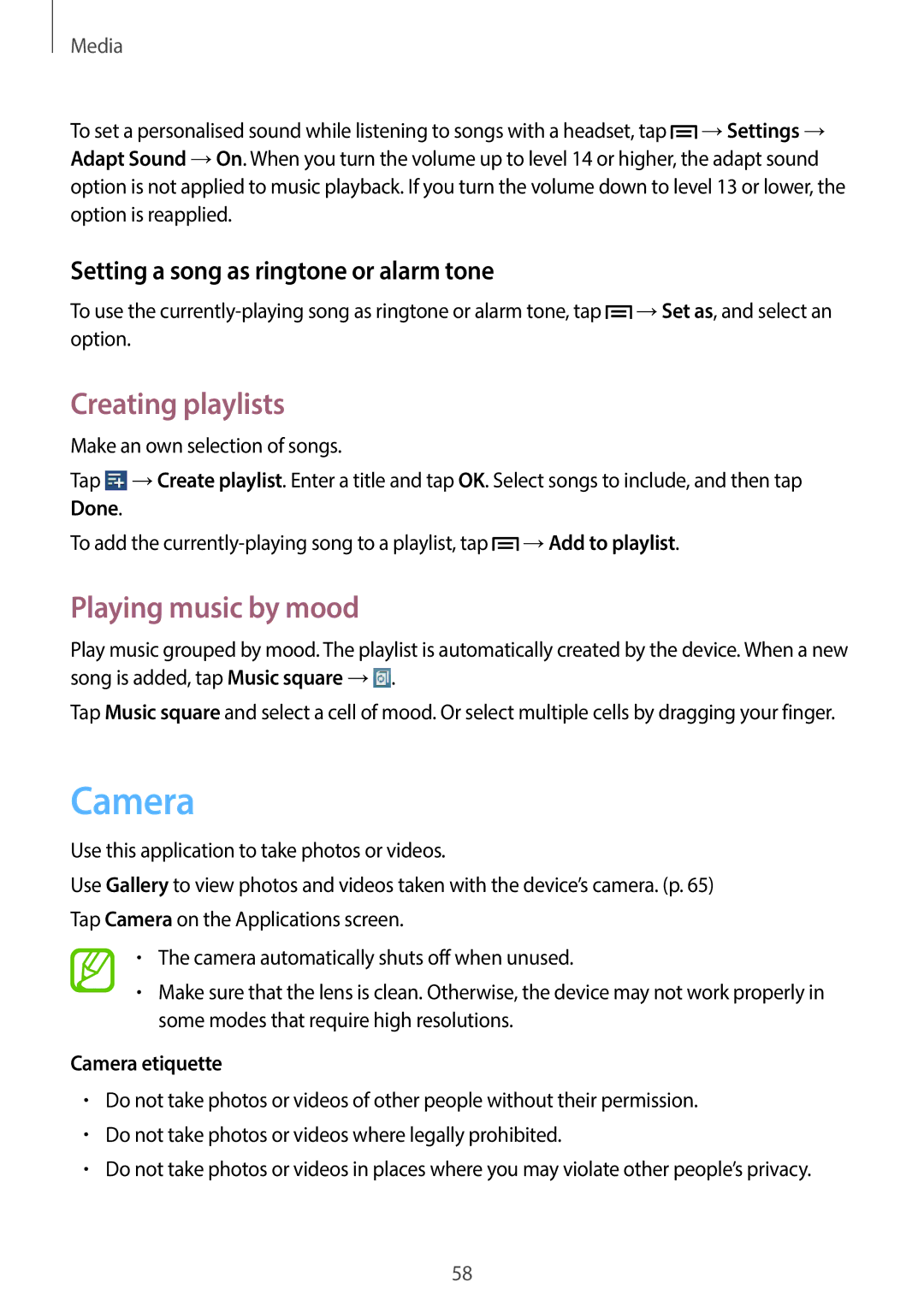 Samsung GT-P5220ZWAATL manual Camera, Creating playlists, Playing music by mood, Setting a song as ringtone or alarm tone 
