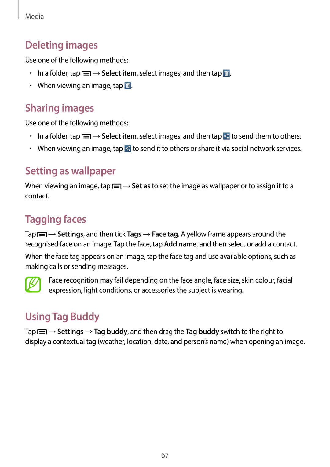 Samsung GT-P5220ZWAAUT manual Deleting images, Sharing images, Setting as wallpaper, Tagging faces, Using Tag Buddy 