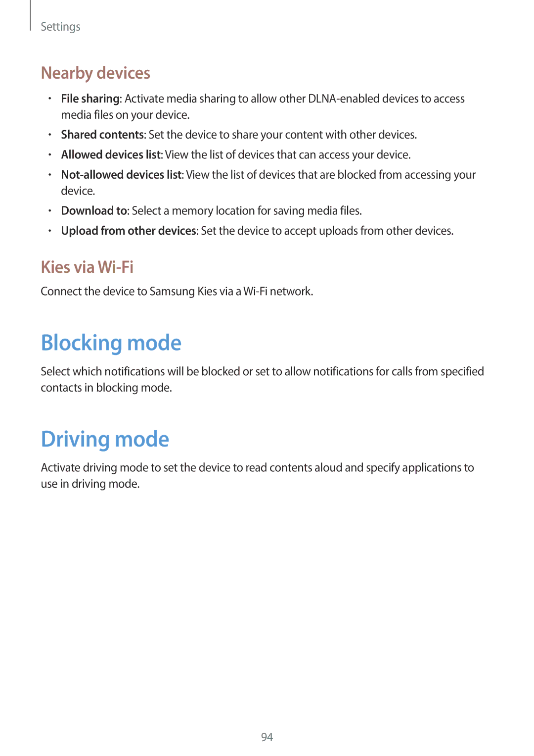 Samsung GT-P5220MKADBT, GT-P5220ZWASEB, GT-P5220ZWAVD2 manual Blocking mode, Driving mode, Nearby devices, Kies via Wi-Fi 