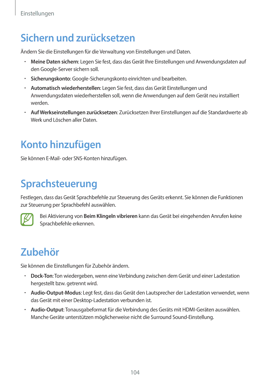 Samsung GT-P5220ZWASEB, GT-P5220ZWAVD2, GT-P5220MKADBT Sichern und zurücksetzen, Konto hinzufügen, Sprachsteuerung, Zubehör 