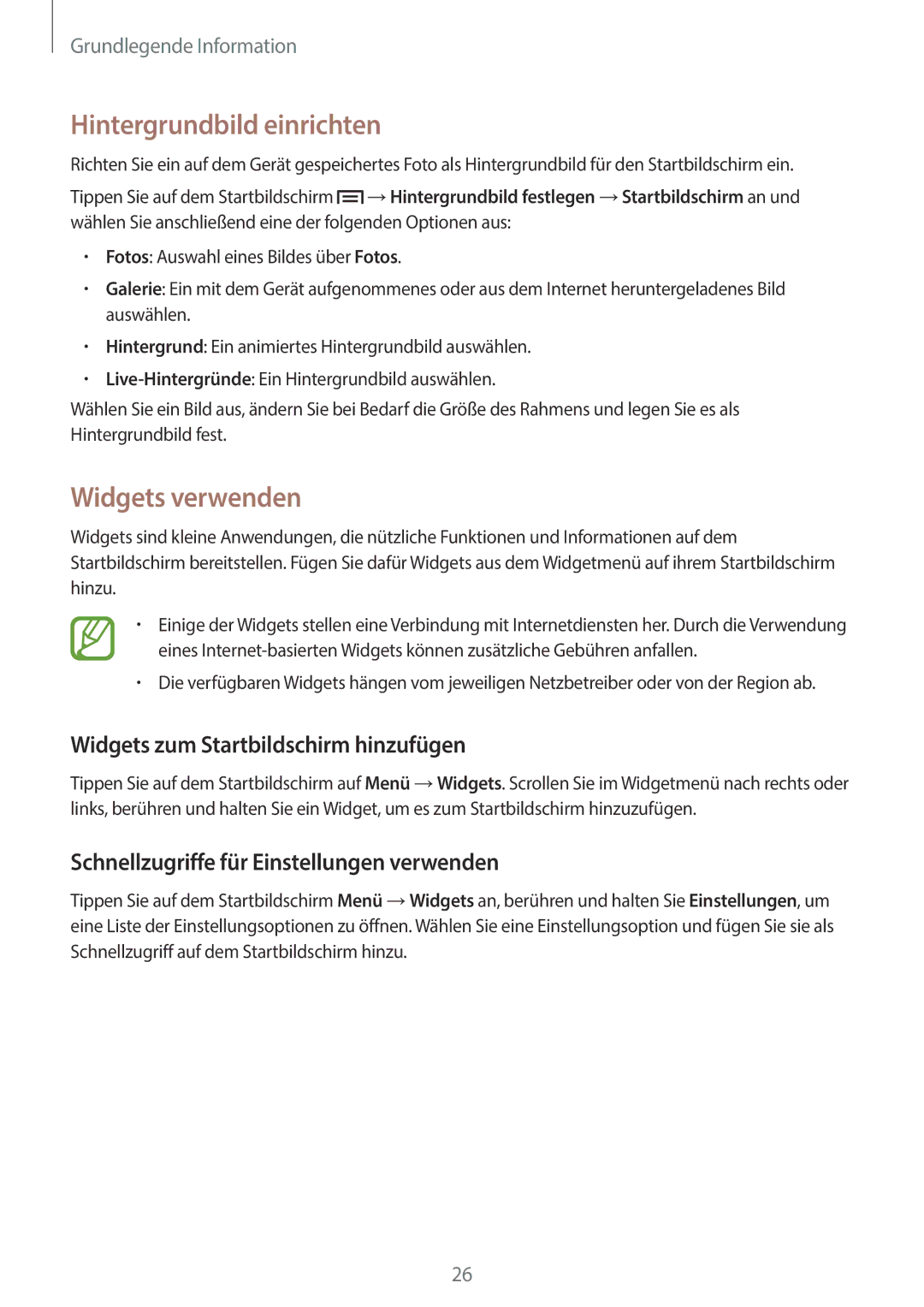 Samsung GT-P5220MKADBT manual Hintergrundbild einrichten, Widgets verwenden, Widgets zum Startbildschirm hinzufügen 