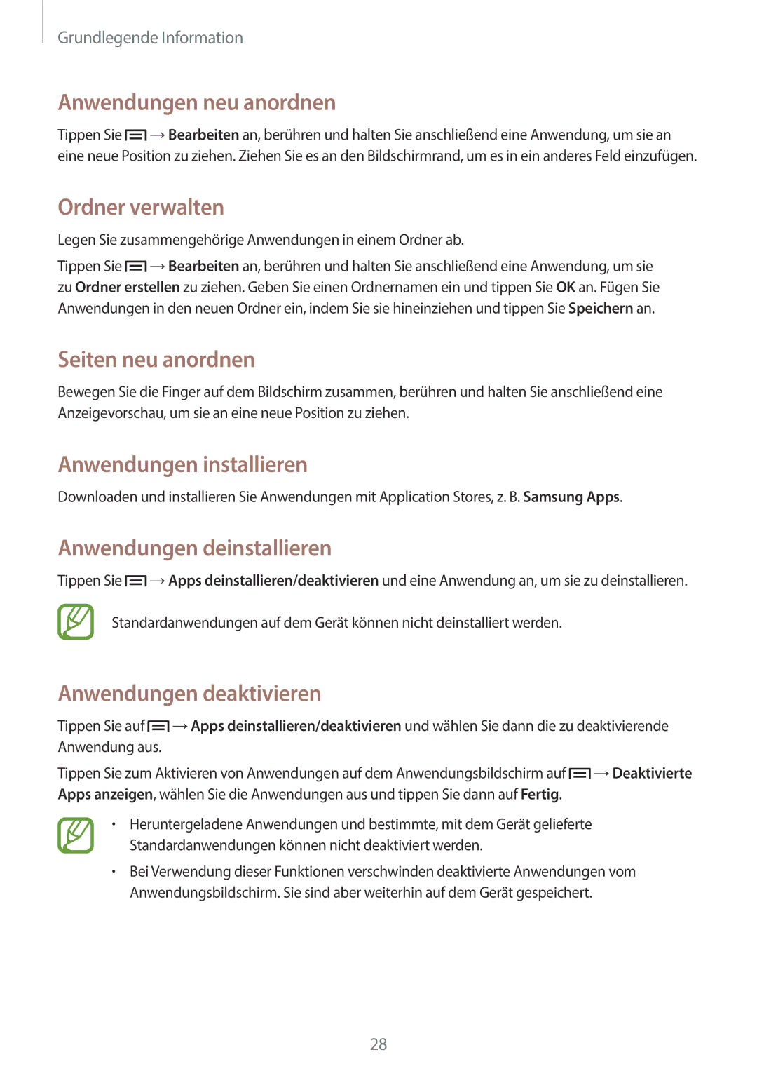 Samsung GT-P5220MKATMN Anwendungen neu anordnen, Ordner verwalten, Anwendungen installieren, Anwendungen deinstallieren 