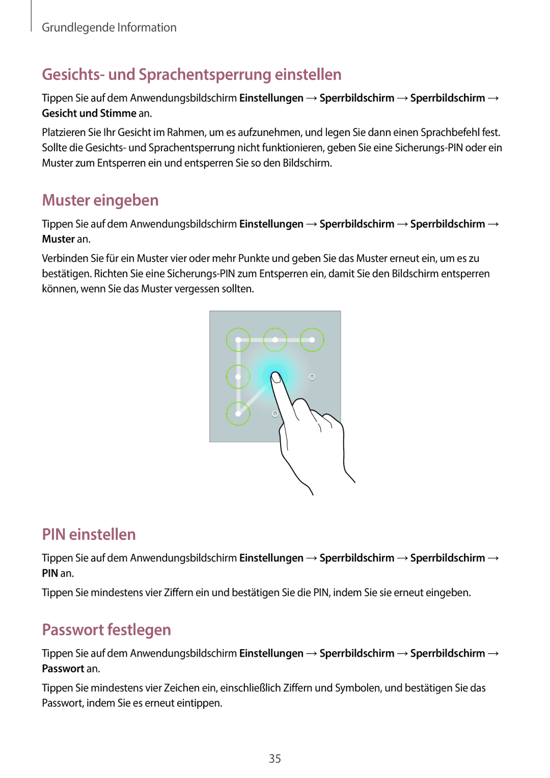 Samsung GT-P5220ZWADTM Gesichts- und Sprachentsperrung einstellen, Muster eingeben, PIN einstellen, Passwort festlegen 