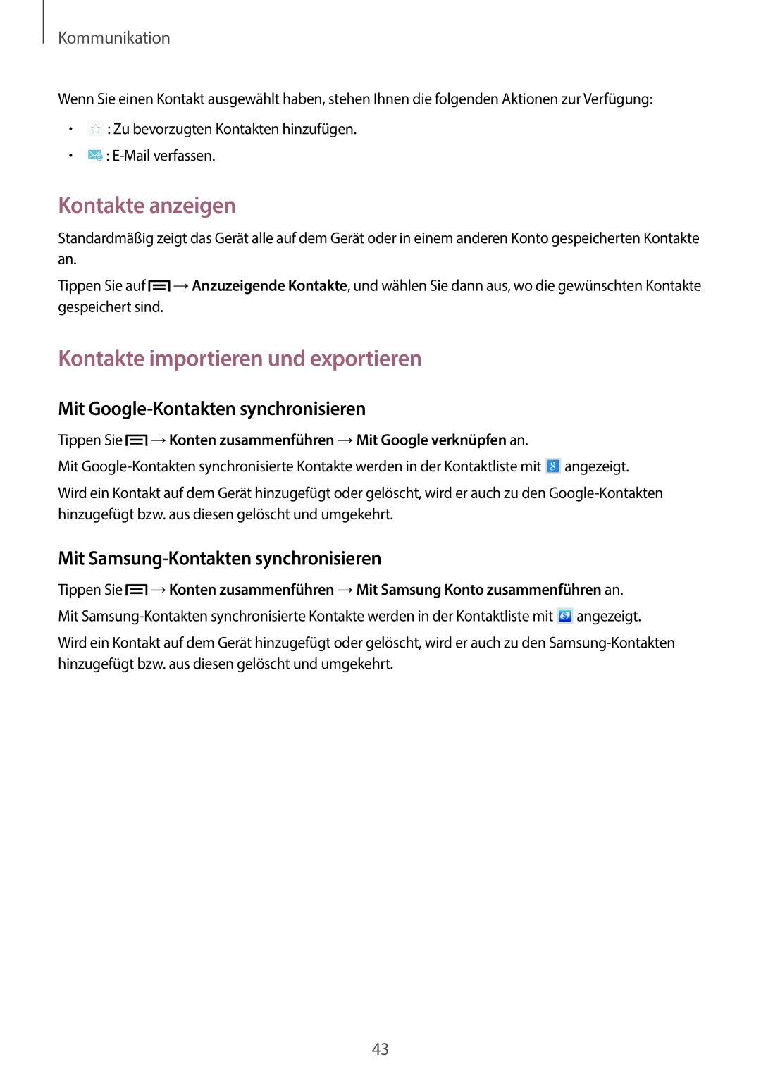 Samsung GT-P5220ZWADTM manual Kontakte anzeigen, Kontakte importieren und exportieren, Mit Google-Kontakten synchronisieren 