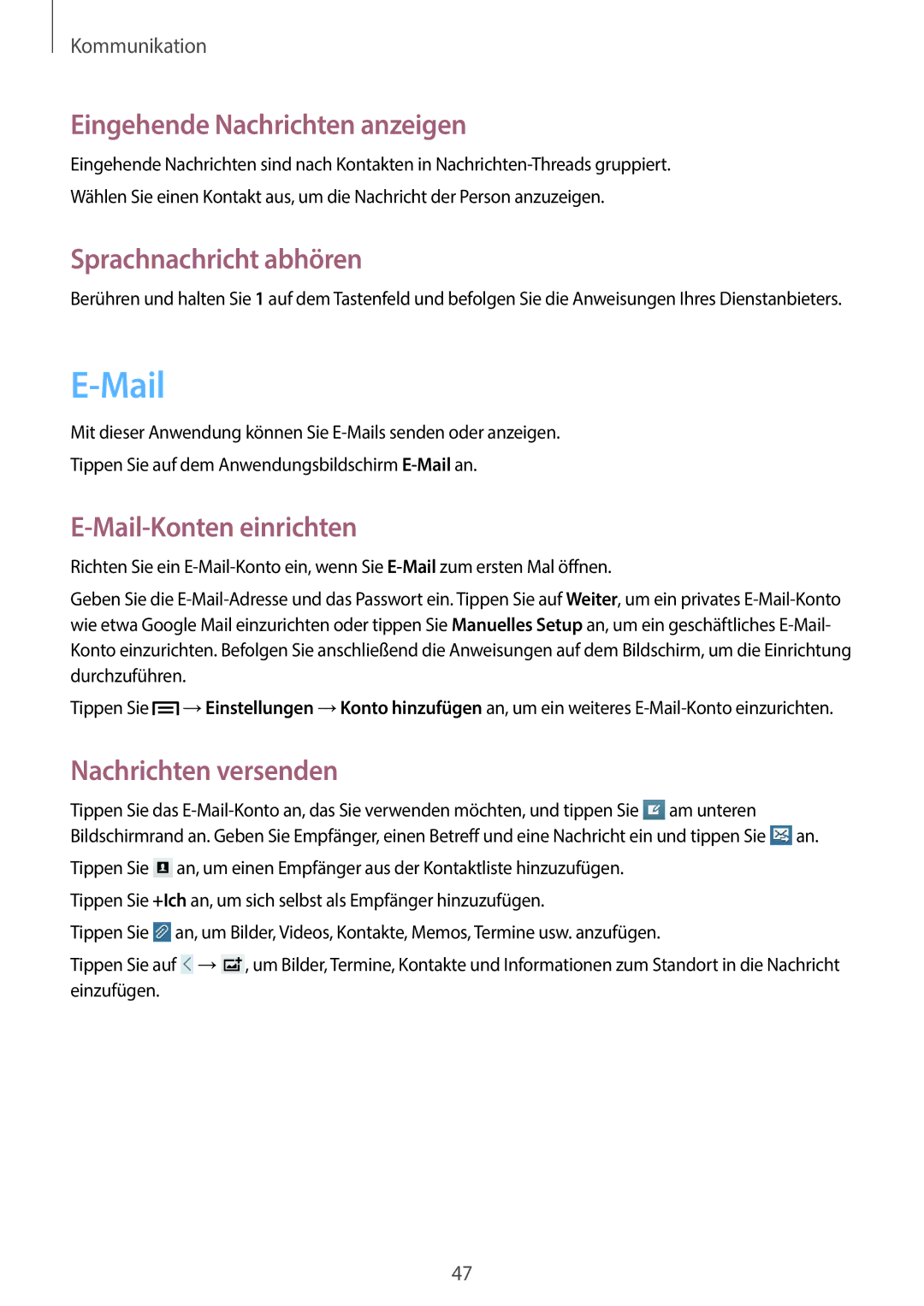 Samsung GT-P5220ZWASFR manual Eingehende Nachrichten anzeigen, Sprachnachricht abhören, Mail-Konten einrichten 