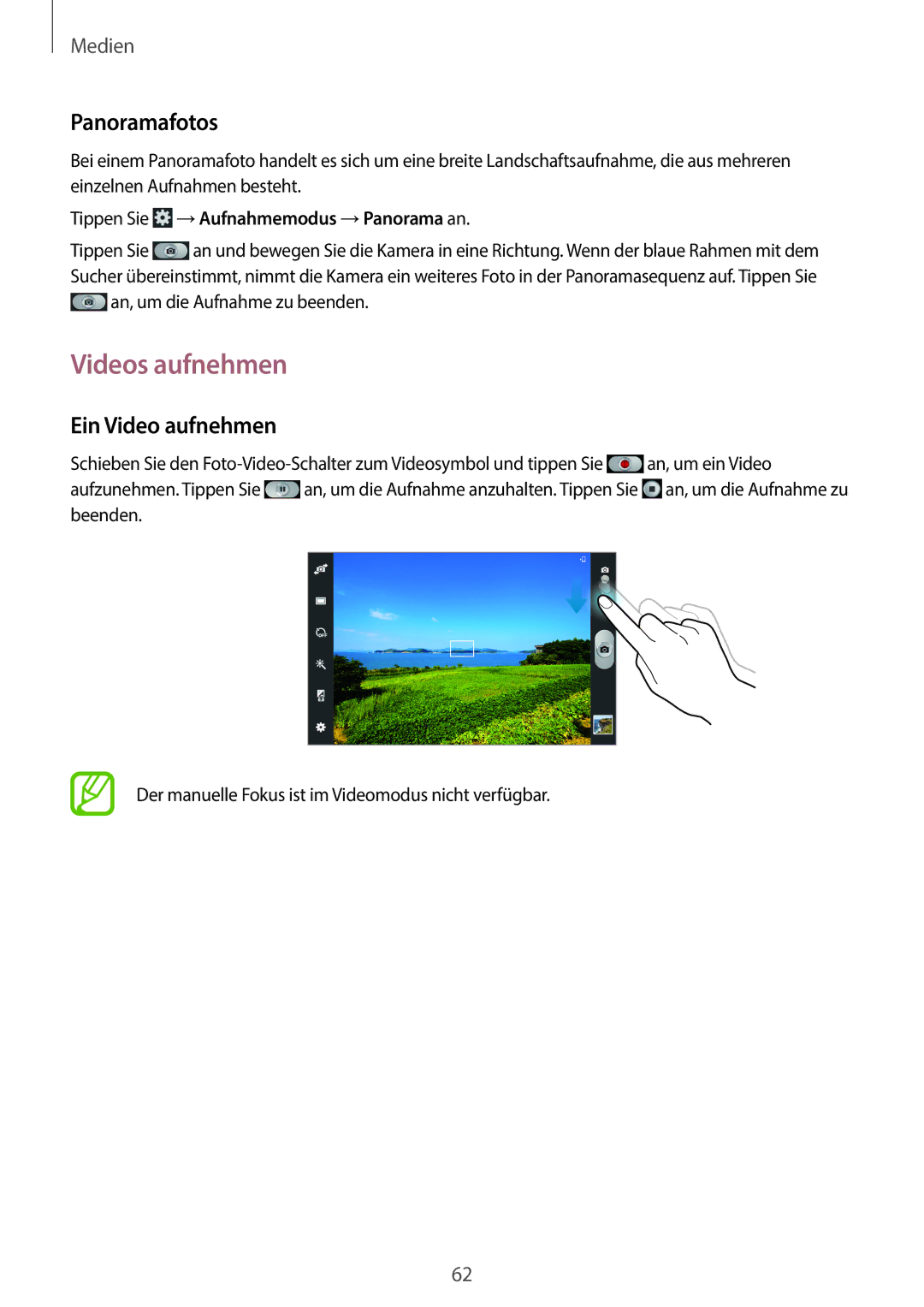 Samsung GT-P5220MKASEB manual Videos aufnehmen, Panoramafotos, Ein Video aufnehmen, Tippen Sie →Aufnahmemodus →Panorama an 