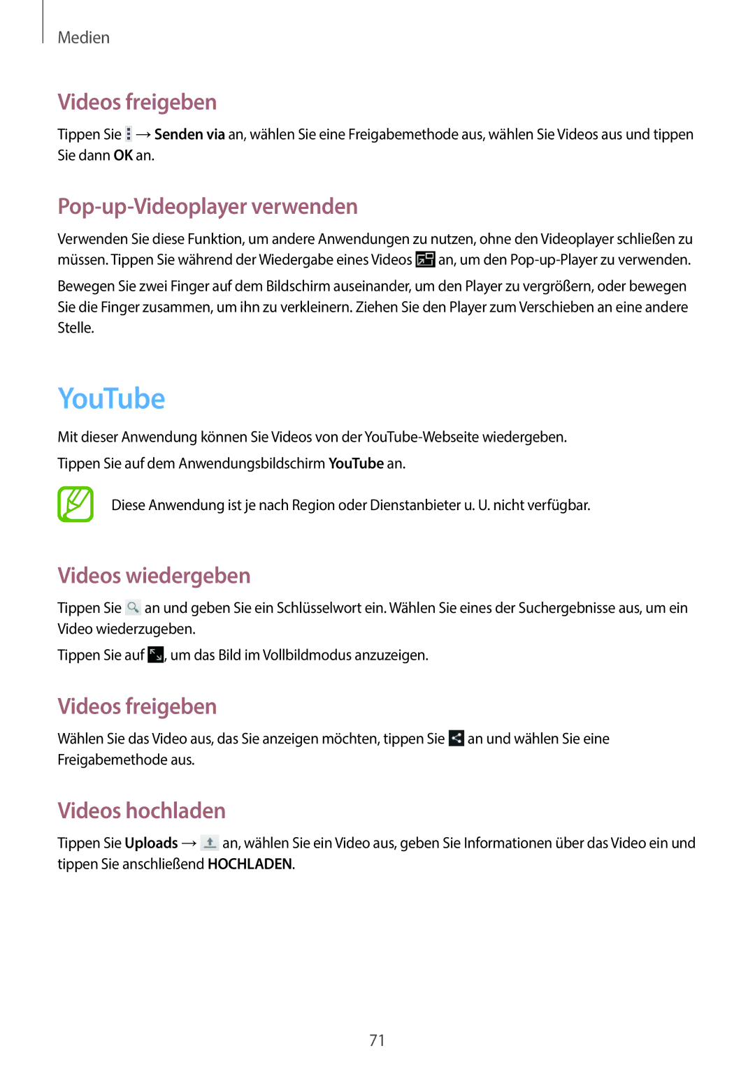 Samsung GT-P5220ZWASFR, GT-P5220ZWASEB manual YouTube, Videos freigeben, Pop-up-Videoplayer verwenden, Videos hochladen 