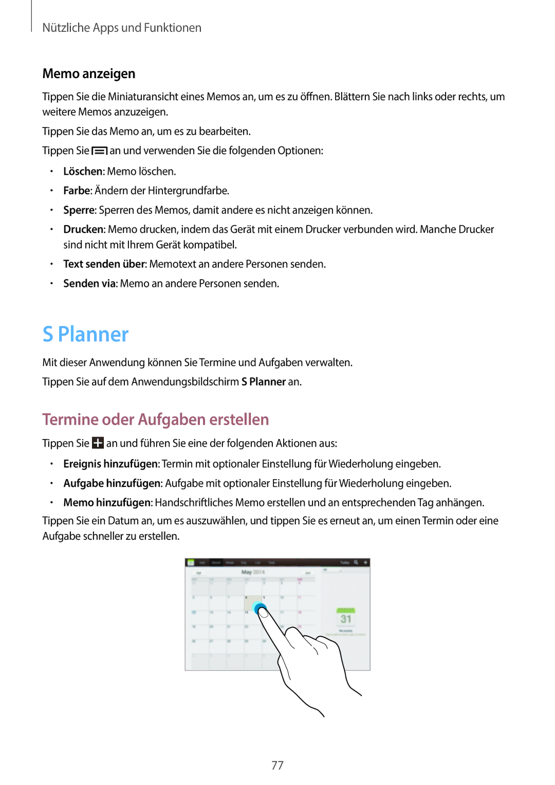 Samsung GT-P5220ZWADBT, GT-P5220ZWASEB, GT-P5220ZWAVD2 manual Planner, Termine oder Aufgaben erstellen, Memo anzeigen 