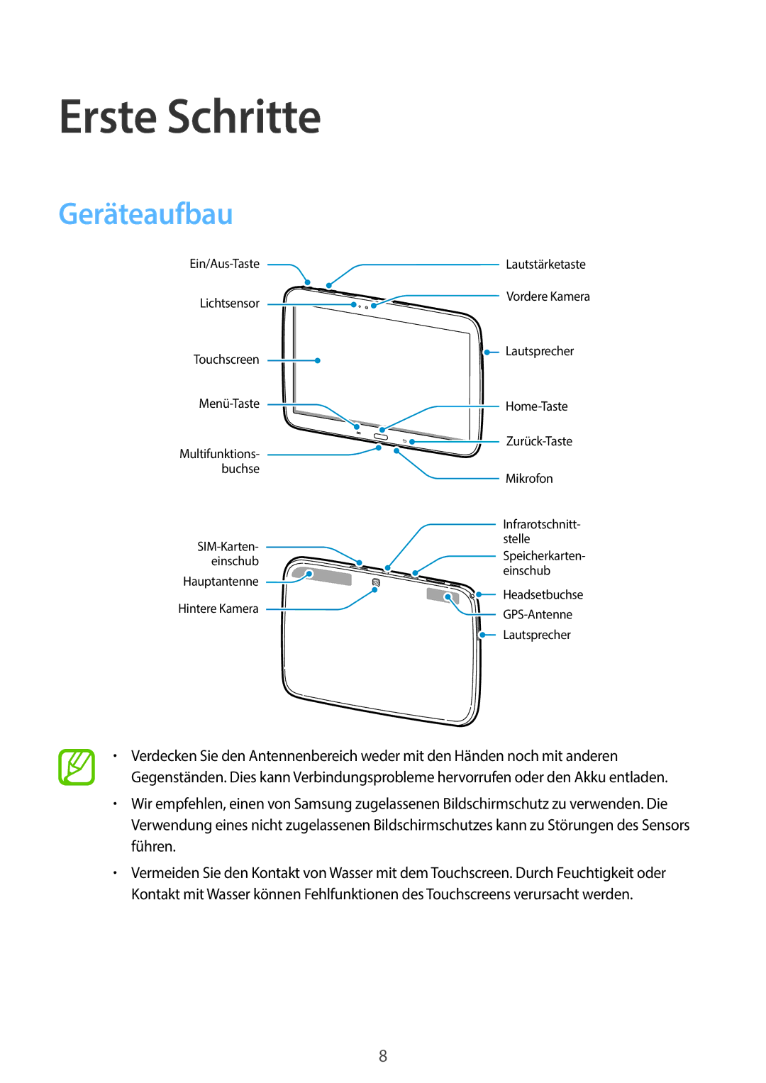 Samsung GT-P5220ZWASEB, GT-P5220ZWAVD2, GT-P5220MKADBT, GT-P5220ZWADTM, GT-P5220MKATMN manual Erste Schritte, Geräteaufbau 