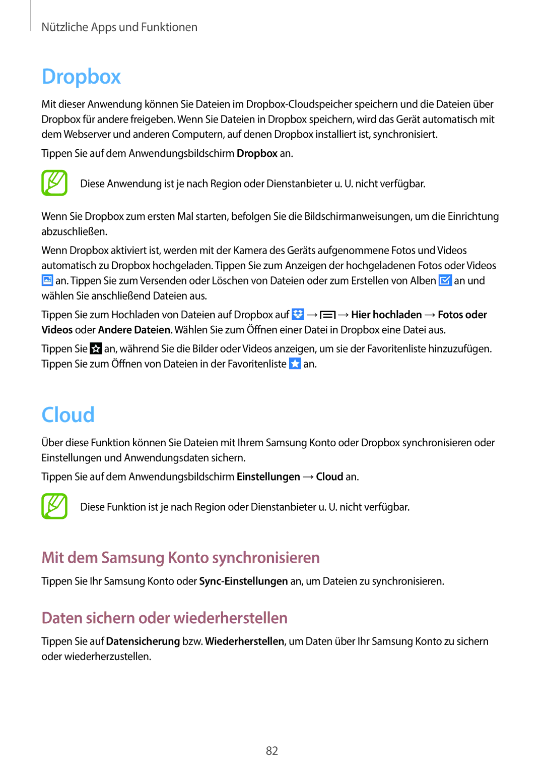 Samsung GT-P5220MKADBT manual Dropbox, Cloud, Mit dem Samsung Konto synchronisieren, Daten sichern oder wiederherstellen 