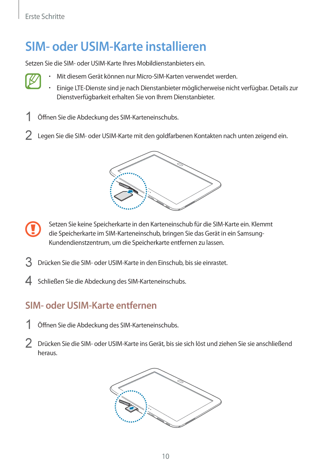 Samsung GT-P5220MKADBT, GT-P5220ZWASEB, GT-P5220ZWAVD2 SIM- oder USIM-Karte installieren, SIM- oder USIM-Karte entfernen 