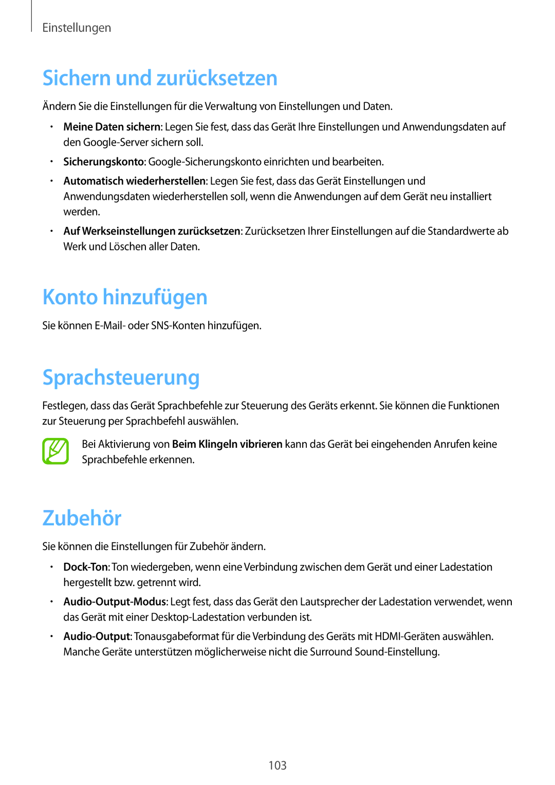 Samsung GT-P5220ZWASFR, GT-P5220ZWASEB, GT-P5220ZWAVD2 Sichern und zurücksetzen, Konto hinzufügen, Sprachsteuerung, Zubehör 