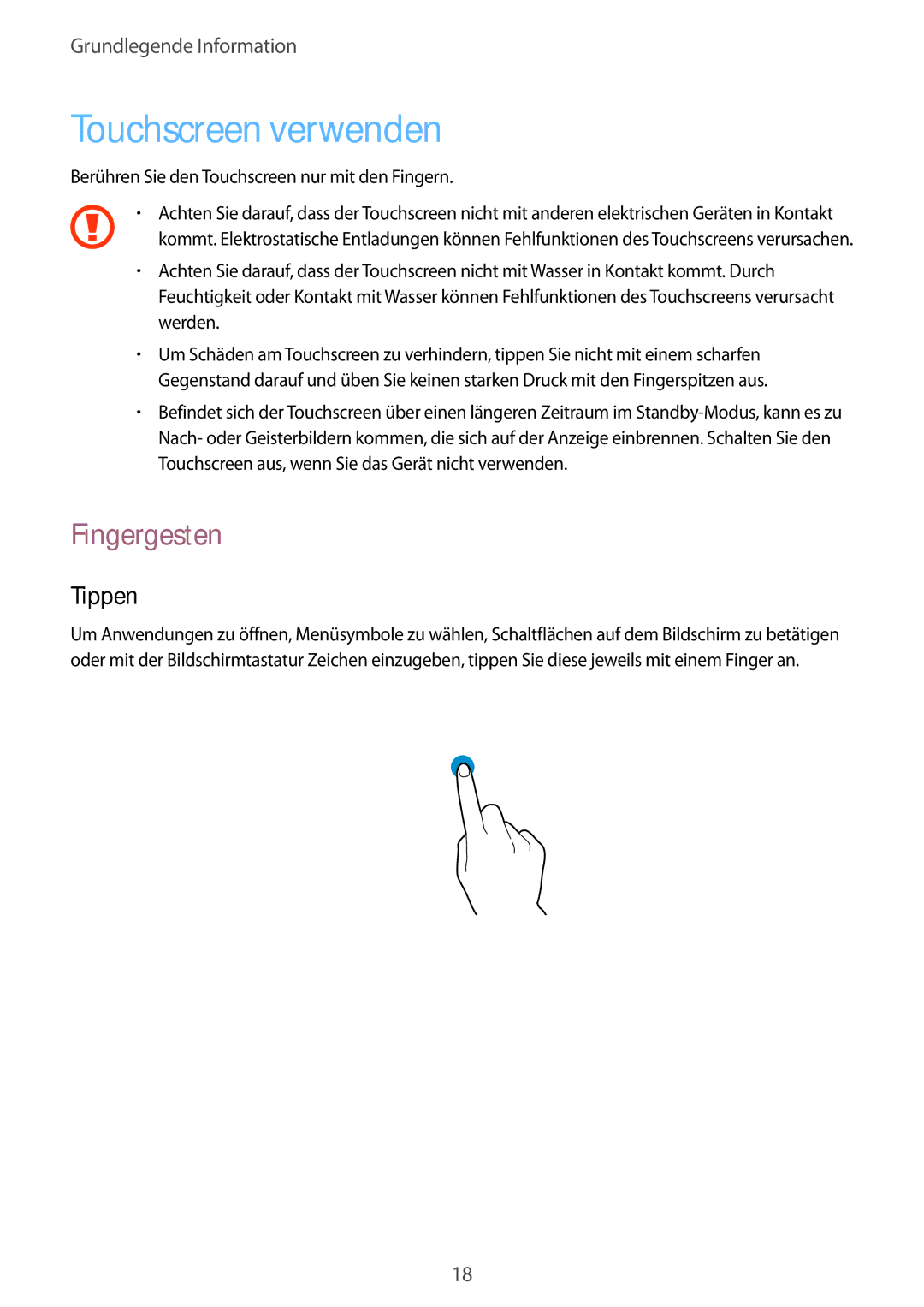 Samsung GT-P5220MKADBT, GT-P5220ZWASEB, GT-P5220ZWAVD2, GT-P5220ZWADTM manual Touchscreen verwenden, Fingergesten, Tippen 
