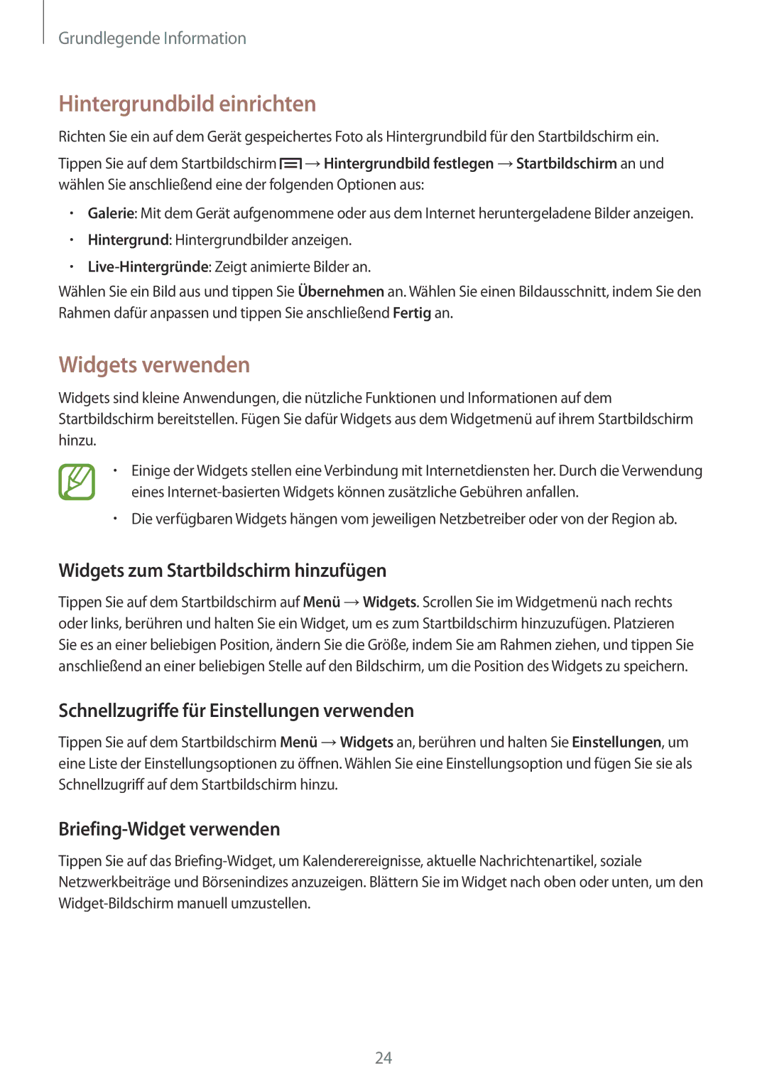 Samsung GT-P5220ZWASEB manual Hintergrundbild einrichten, Widgets verwenden, Widgets zum Startbildschirm hinzufügen 
