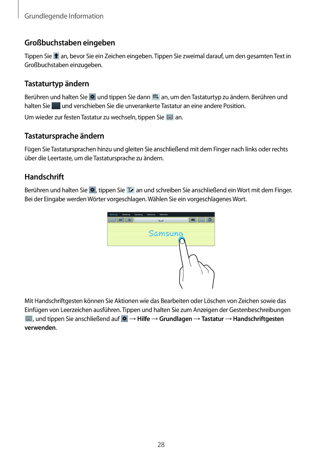 Samsung GT-P5220MKATMN, GT-P5220ZWASEB Großbuchstaben eingeben, Tastaturtyp ändern, Tastatursprache ändern, Handschrift 