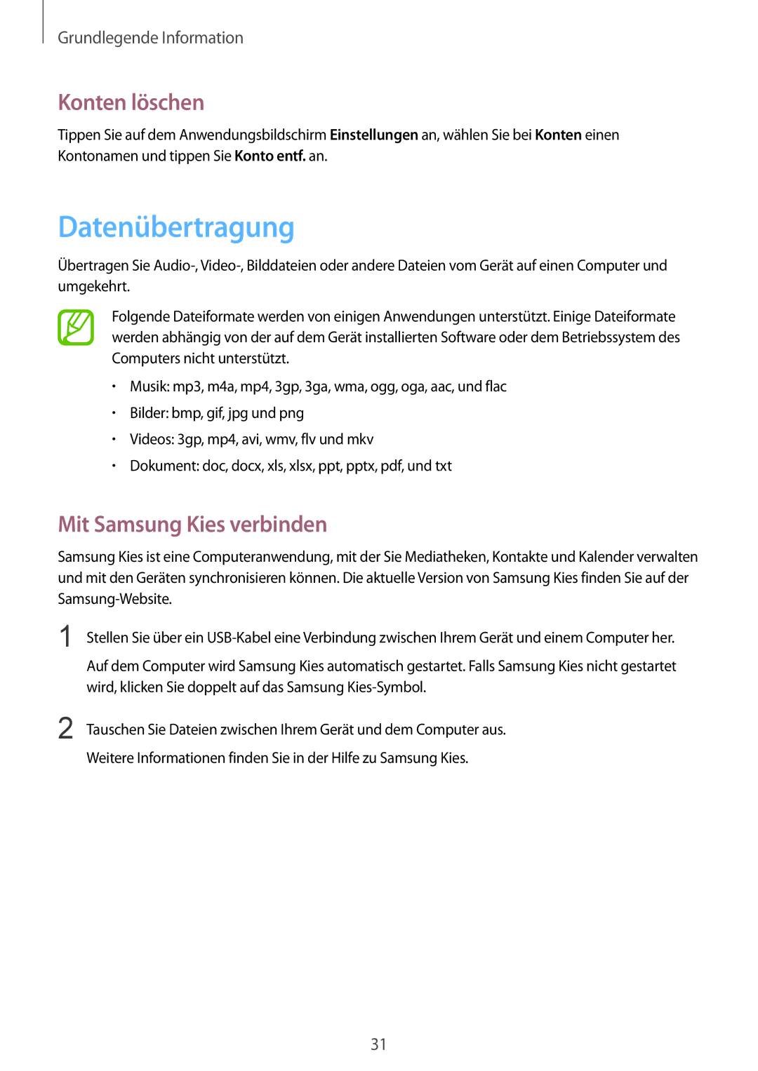 Samsung GT-P5220ZWASFR, GT-P5220ZWASEB, GT-P5220ZWAVD2 manual Datenübertragung, Konten löschen, Mit Samsung Kies verbinden 