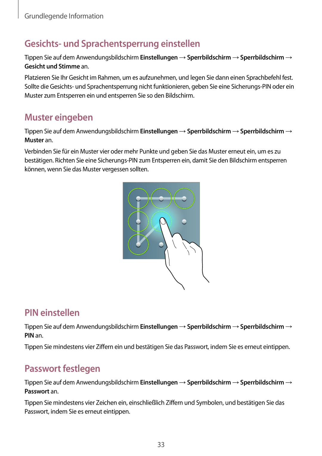 Samsung GT-P5220ZWAVD2 Gesichts- und Sprachentsperrung einstellen, Muster eingeben, PIN einstellen, Passwort festlegen 