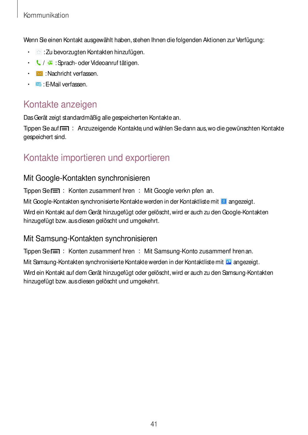 Samsung GT-P5220ZWAVD2 manual Kontakte anzeigen, Kontakte importieren und exportieren, Mit Google-Kontakten synchronisieren 