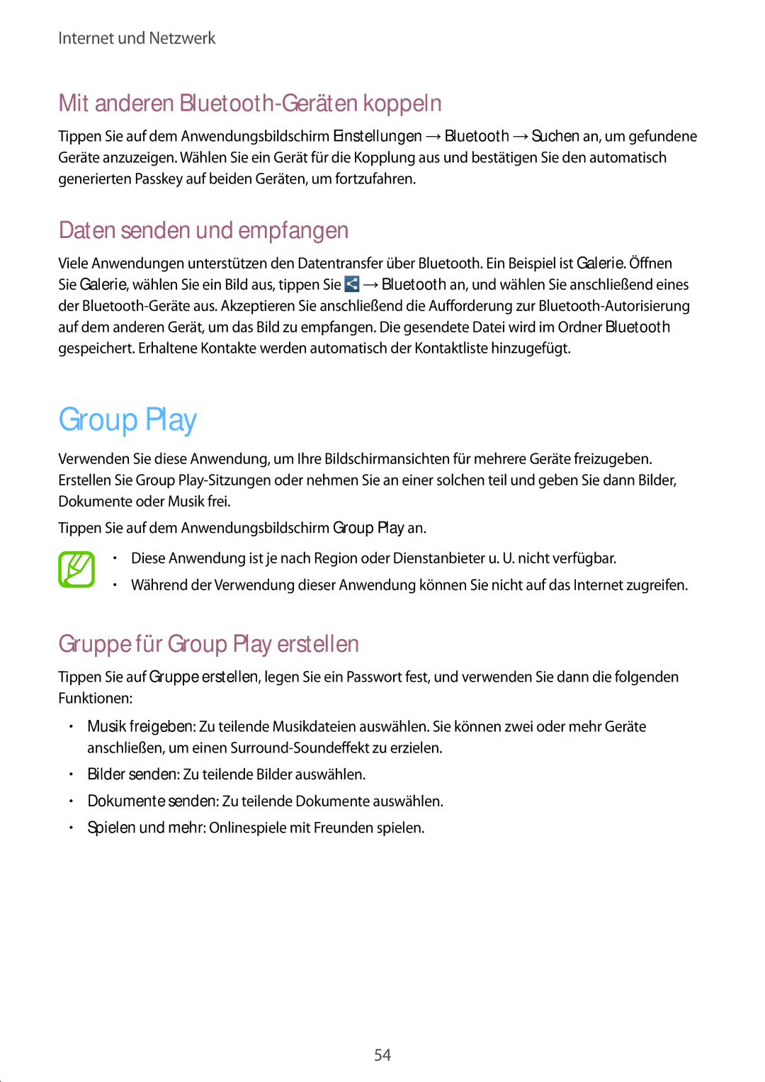 Samsung GT-P5220MKASEB, GT-P5220ZWASEB manual Group Play, Mit anderen Bluetooth-Geräten koppeln, Daten senden und empfangen 