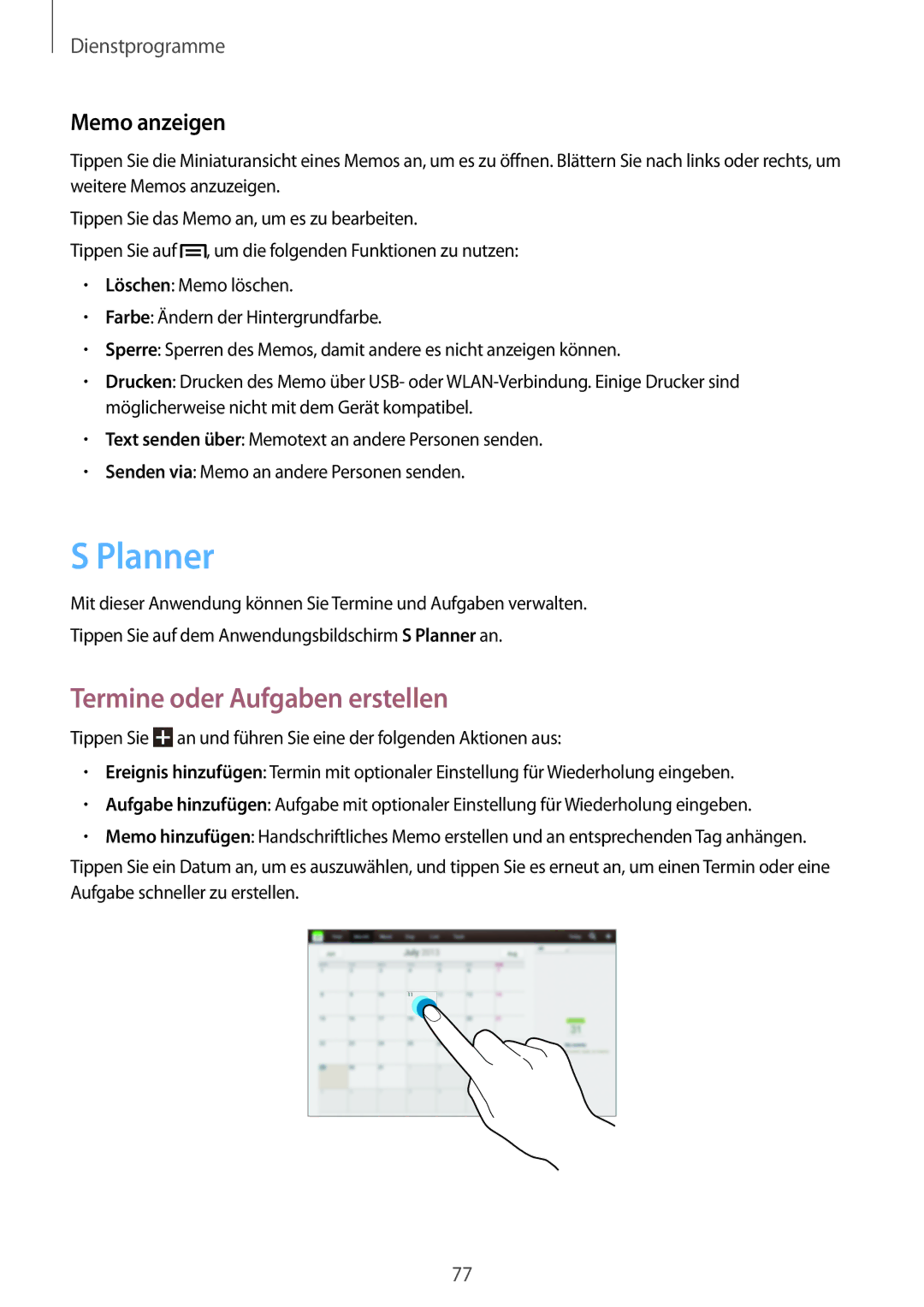 Samsung GT-P5220ZWADBT, GT-P5220ZWASEB, GT-P5220ZWAVD2 manual Planner, Termine oder Aufgaben erstellen, Memo anzeigen 