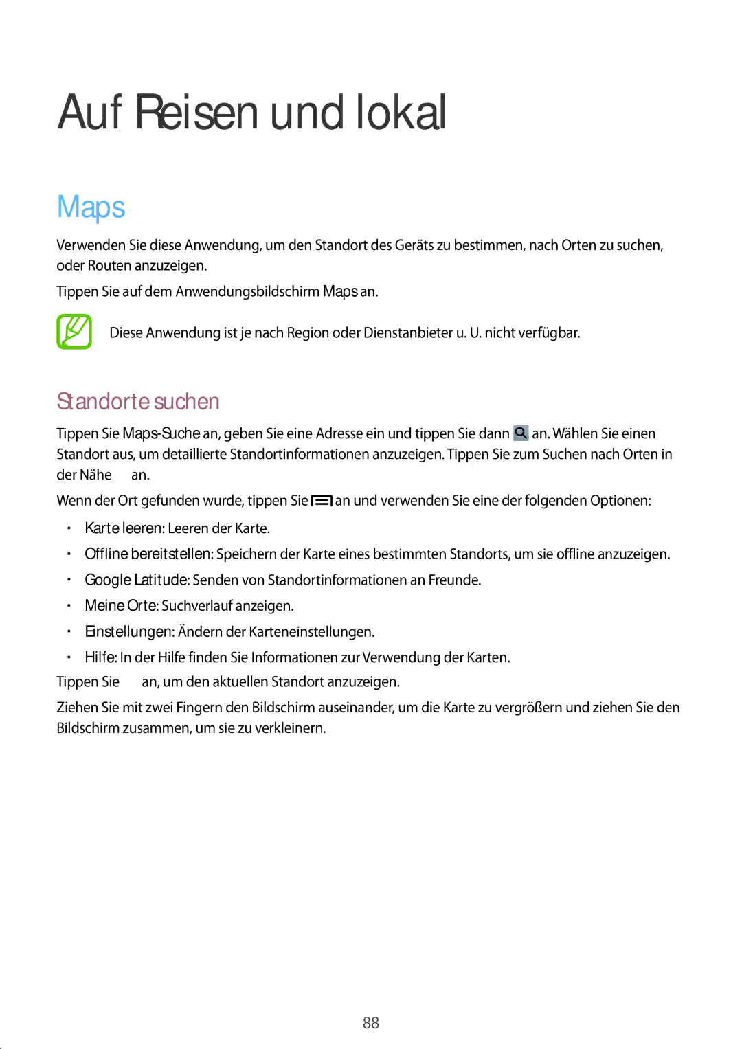 Samsung GT-P5220ZWASEB, GT-P5220ZWAVD2, GT-P5220MKADBT, GT-P5220ZWADTM manual Auf Reisen und lokal, Maps, Standorte suchen 
