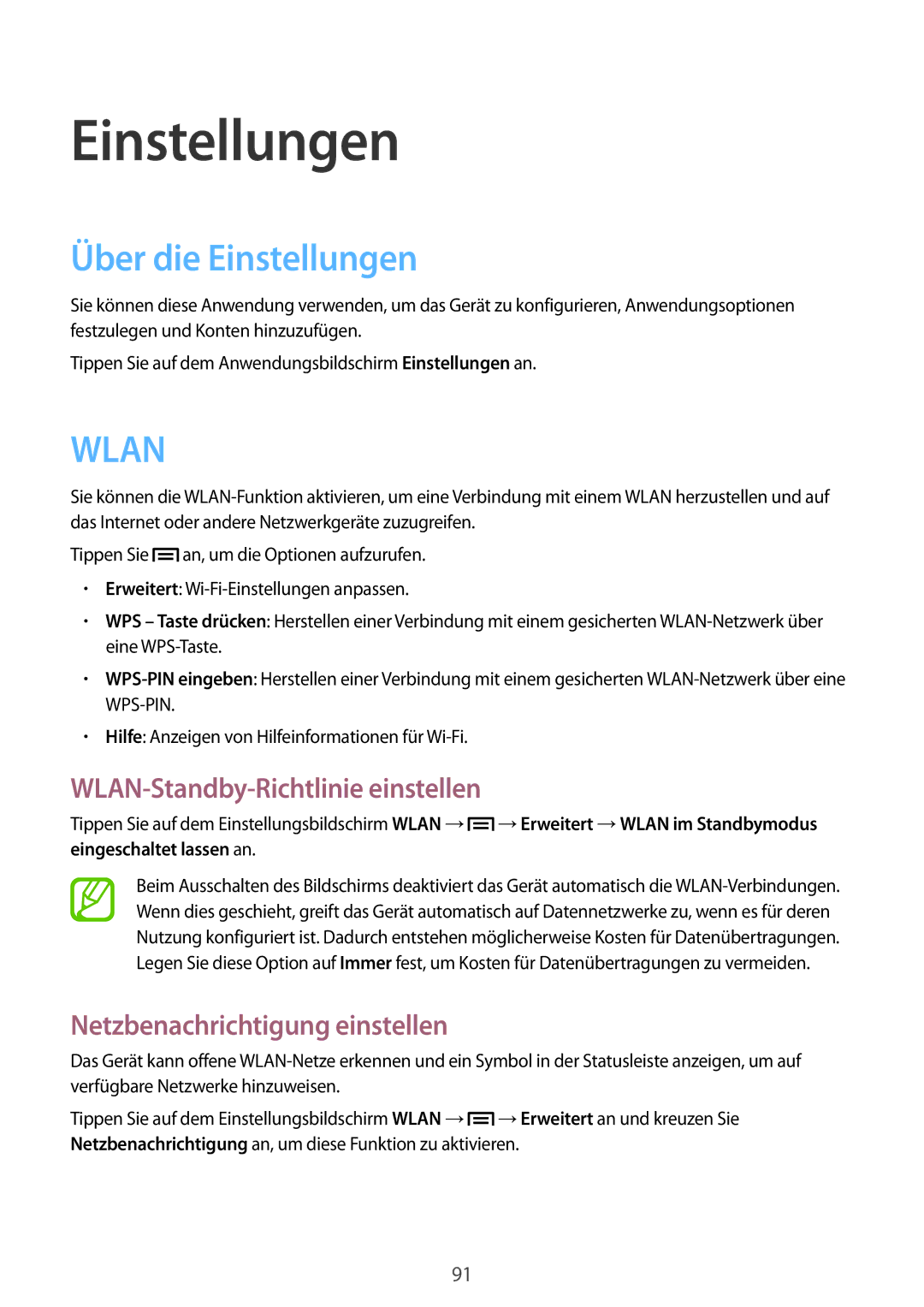 Samsung GT-P5220ZWADTM Über die Einstellungen, WLAN-Standby-Richtlinie einstellen, Netzbenachrichtigung einstellen 
