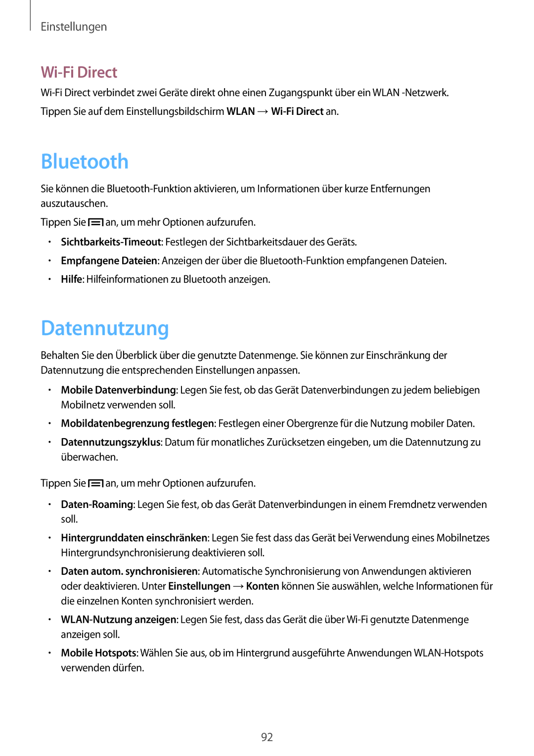 Samsung GT-P5220MKATMN, GT-P5220ZWASEB, GT-P5220ZWAVD2, GT-P5220MKADBT, GT-P5220ZWADTM manual Datennutzung, Wi-Fi Direct 