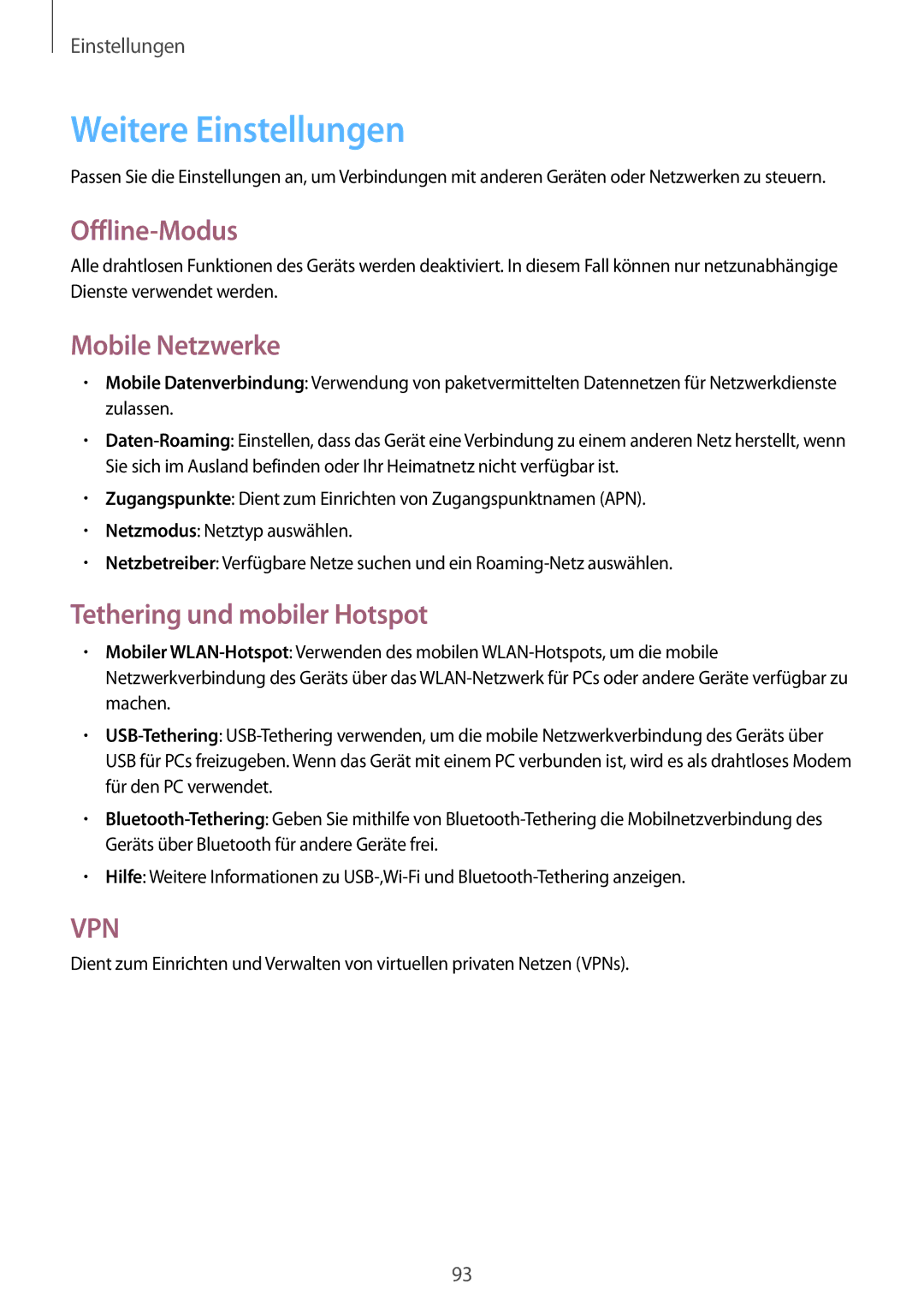Samsung GT-P5220ZWADBT manual Weitere Einstellungen, Offline-Modus, Mobile Netzwerke, Tethering und mobiler Hotspot 