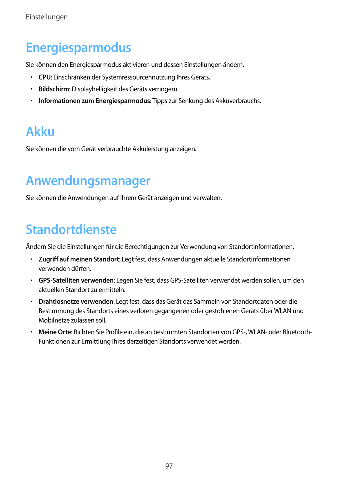 Samsung GT-P5220ZWAVD2, GT-P5220ZWASEB, GT-P5220MKADBT manual Energiesparmodus, Akku, Anwendungsmanager, Standortdienste 