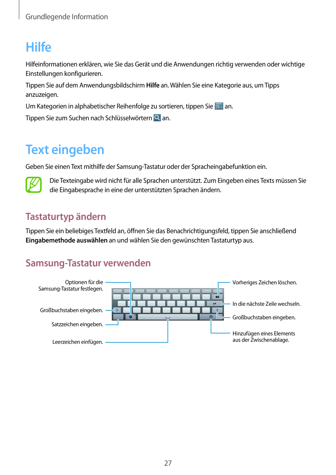 Samsung GT-P5220ZWADTM Hilfe, Text eingeben, Tastaturtyp ändern, Samsung-Tastatur verwenden, Grundlegende Information 