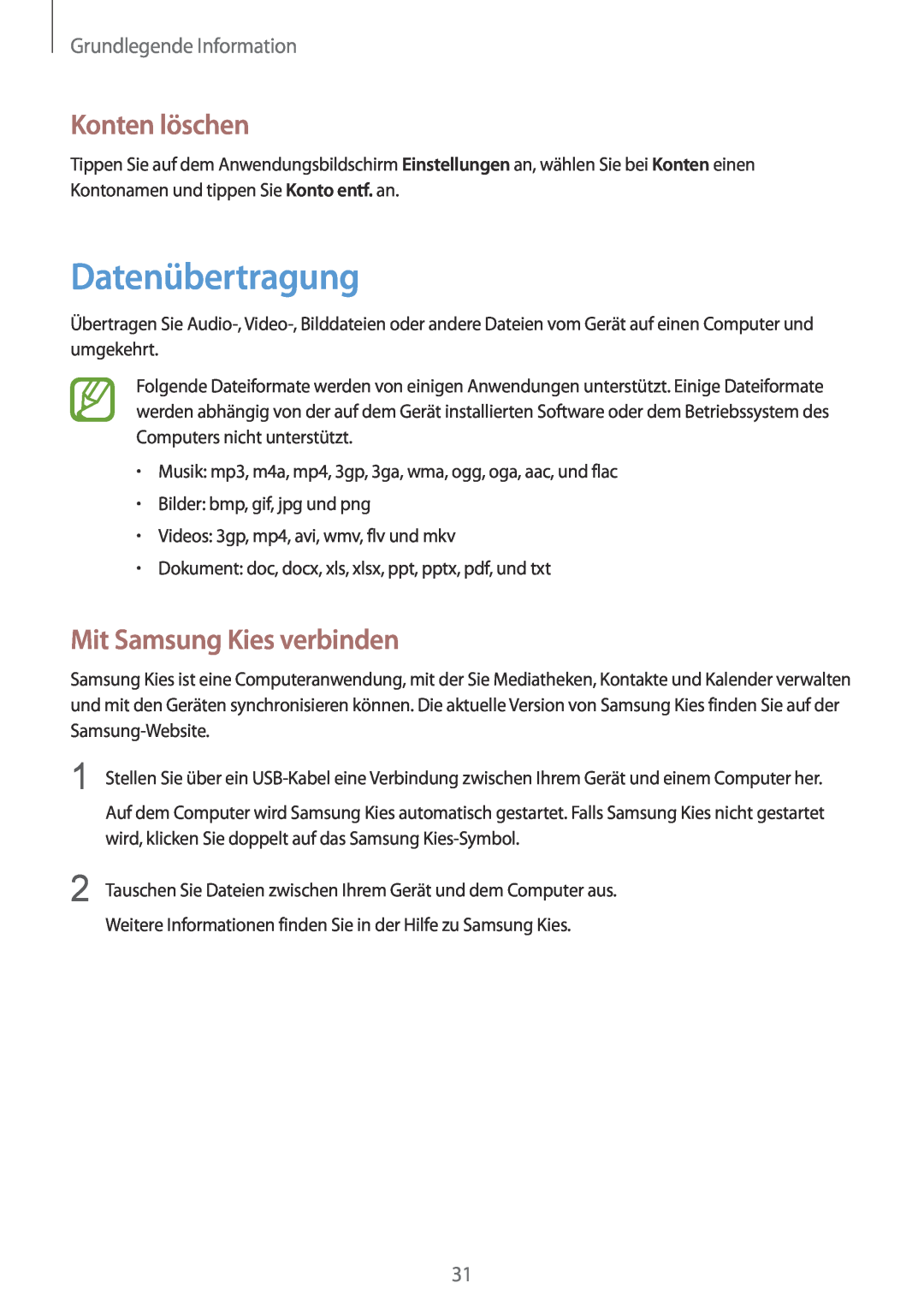 Samsung GT-P5220ZWASFR manual Datenübertragung, Konten löschen, Mit Samsung Kies verbinden, Grundlegende Information 