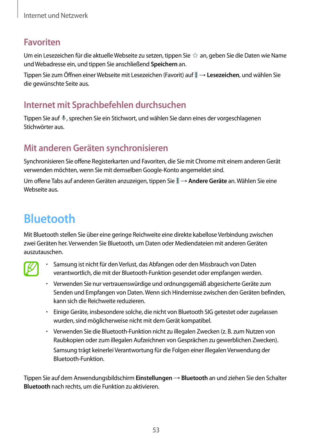 Samsung GT-P5220ZWADBT Bluetooth, Mit anderen Geräten synchronisieren, Favoriten, Internet mit Sprachbefehlen durchsuchen 