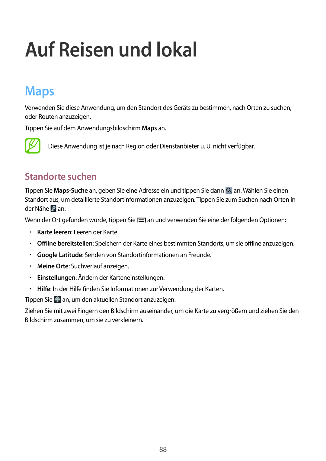 Samsung GT-P5220ZWASEB, GT-P5220ZWAVD2, GT-P5220MKADBT, GT-P5220ZWADTM manual Auf Reisen und lokal, Maps, Standorte suchen 