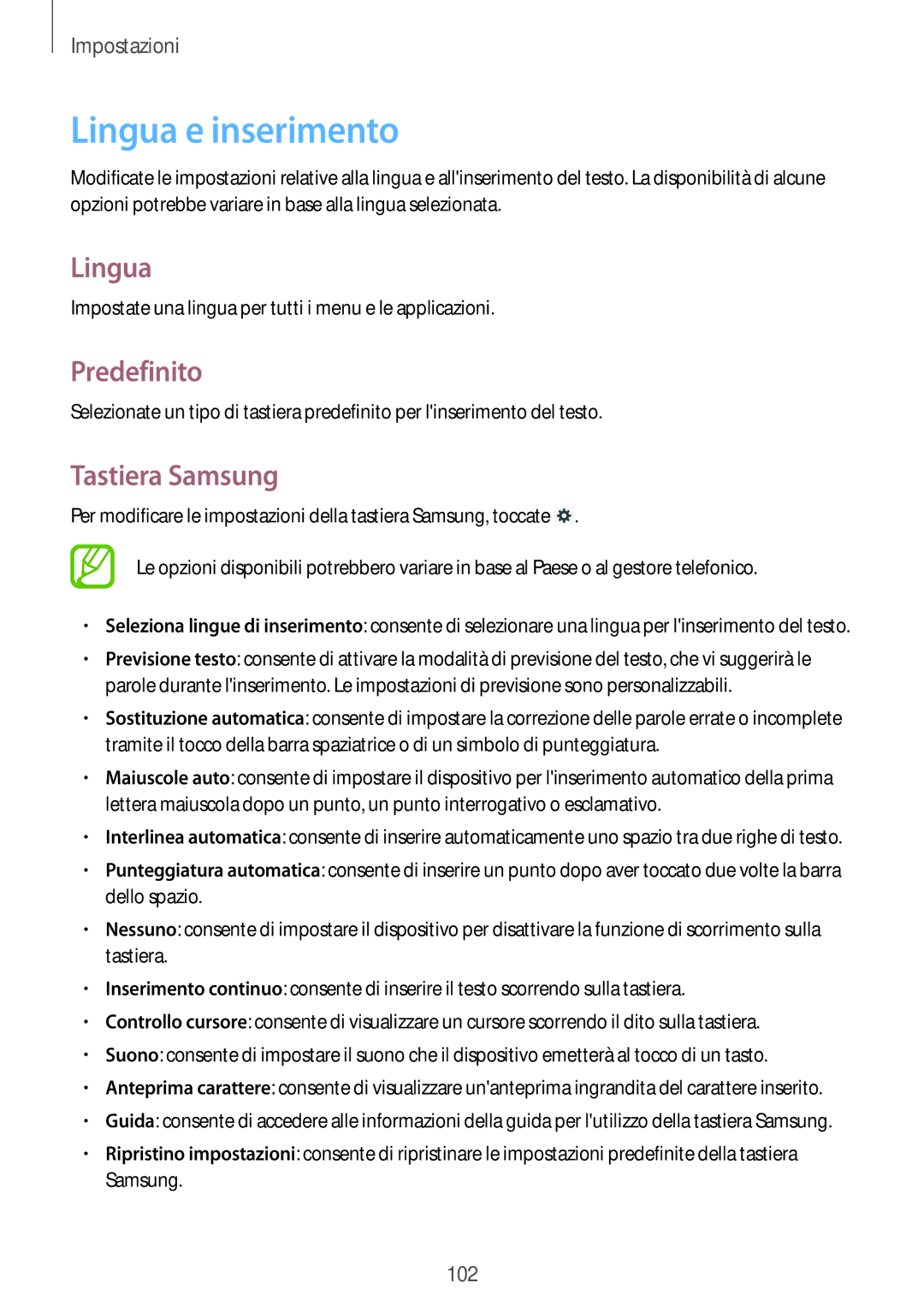 Samsung GT-P5220ZWATIM manual Lingua e inserimento, Predefinito, Tastiera Samsung 