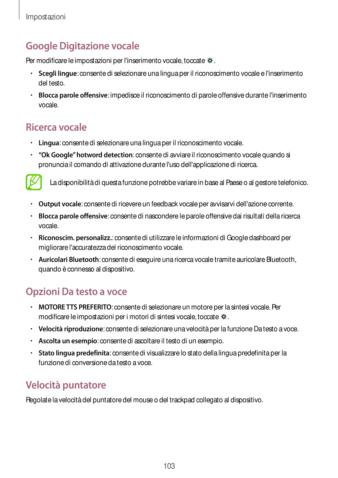 Samsung GT-P5220ZWATIM manual Google Digitazione vocale, Ricerca vocale, Opzioni Da testo a voce, Velocità puntatore 