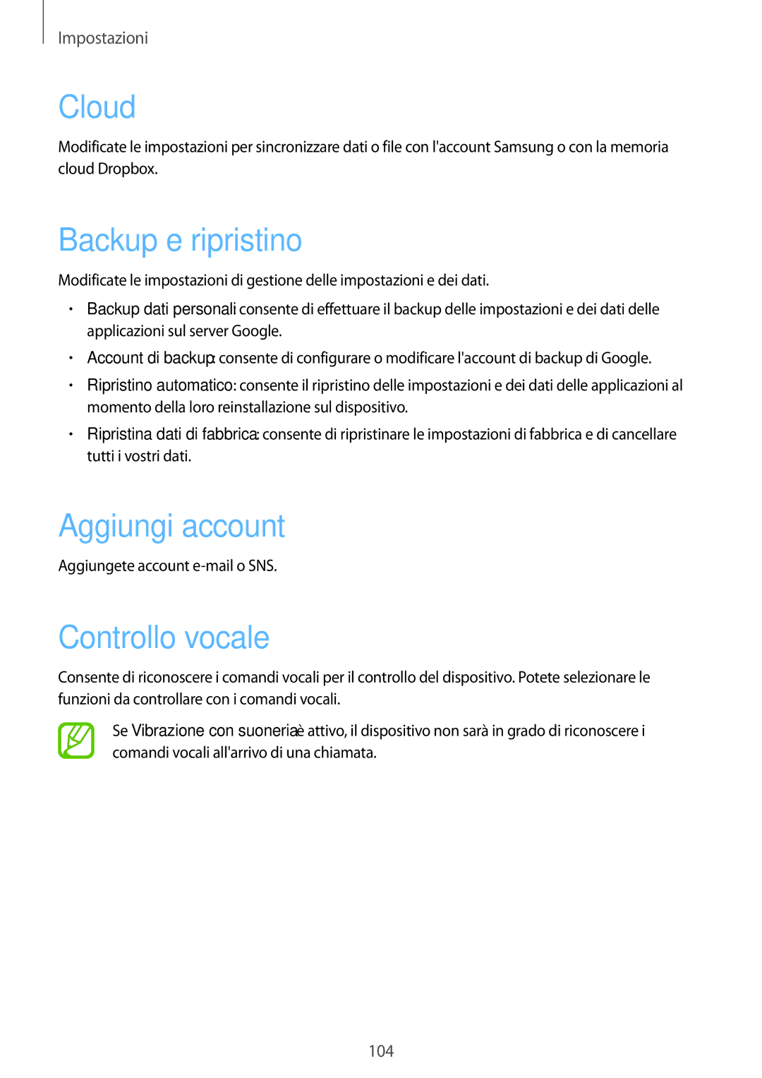 Samsung GT-P5220ZWATIM manual Backup e ripristino, Aggiungi account, Controllo vocale 