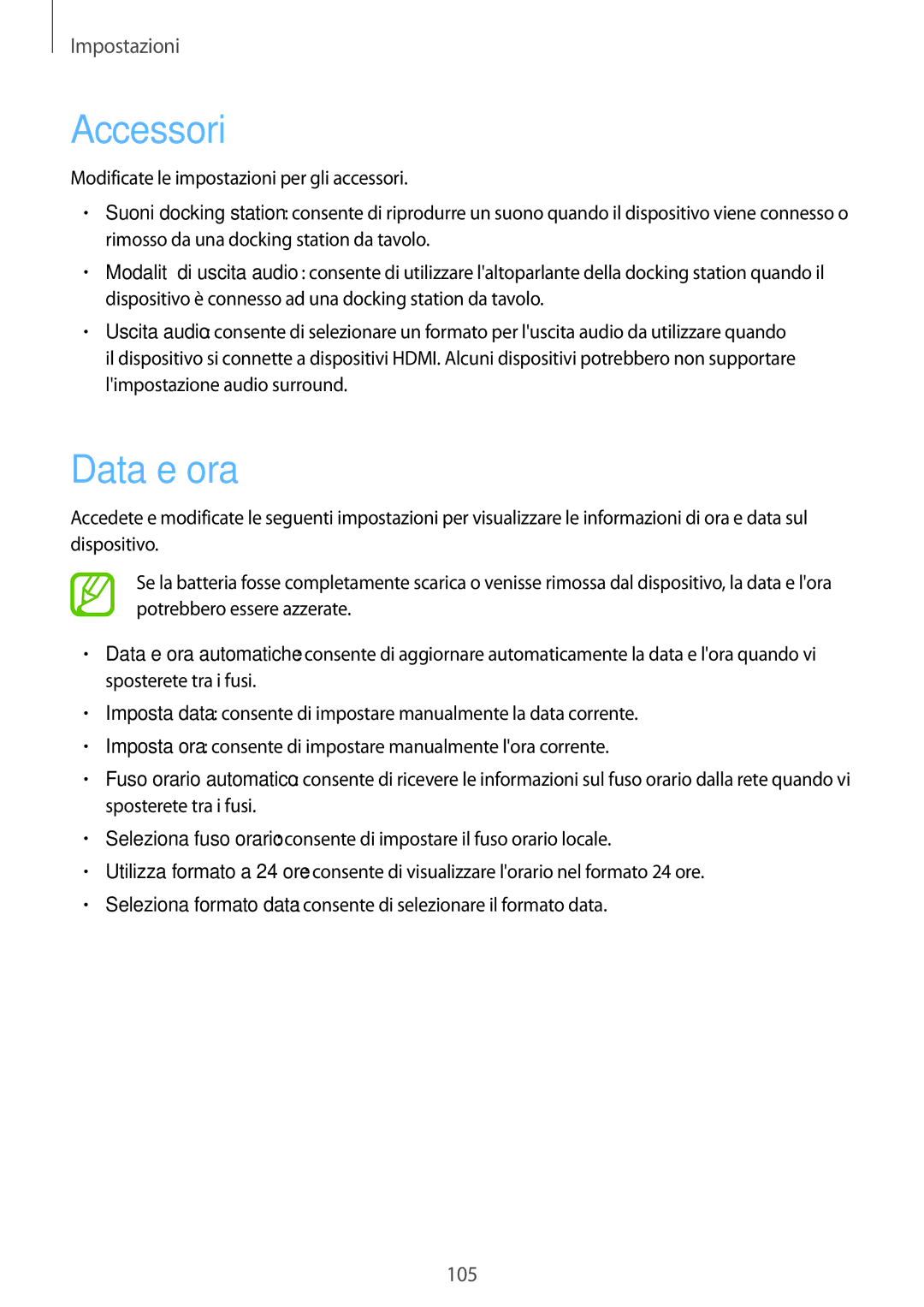 Samsung GT-P5220ZWATIM manual Accessori, Data e ora 