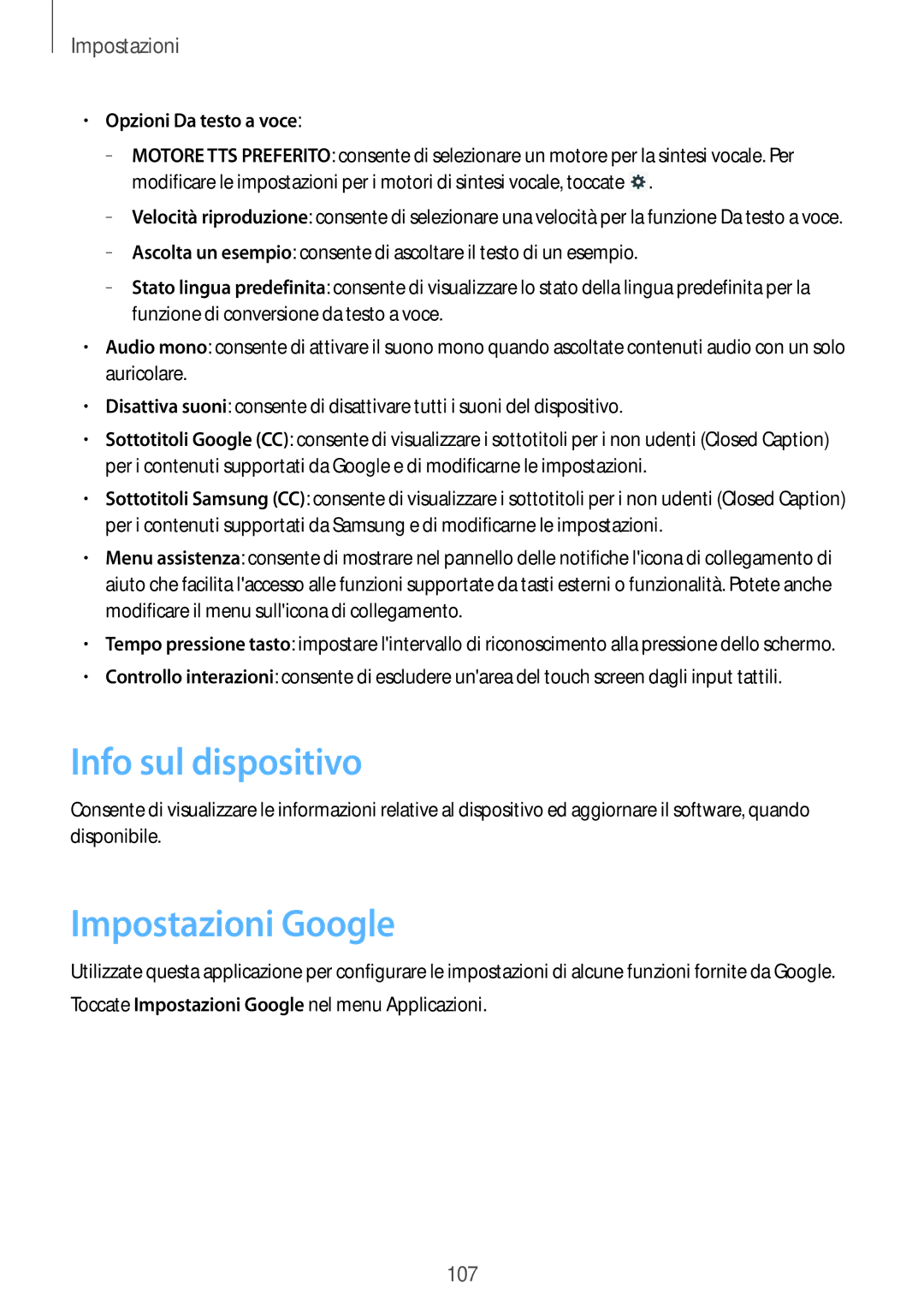 Samsung GT-P5220ZWATIM manual Info sul dispositivo, Impostazioni Google, Opzioni Da testo a voce 