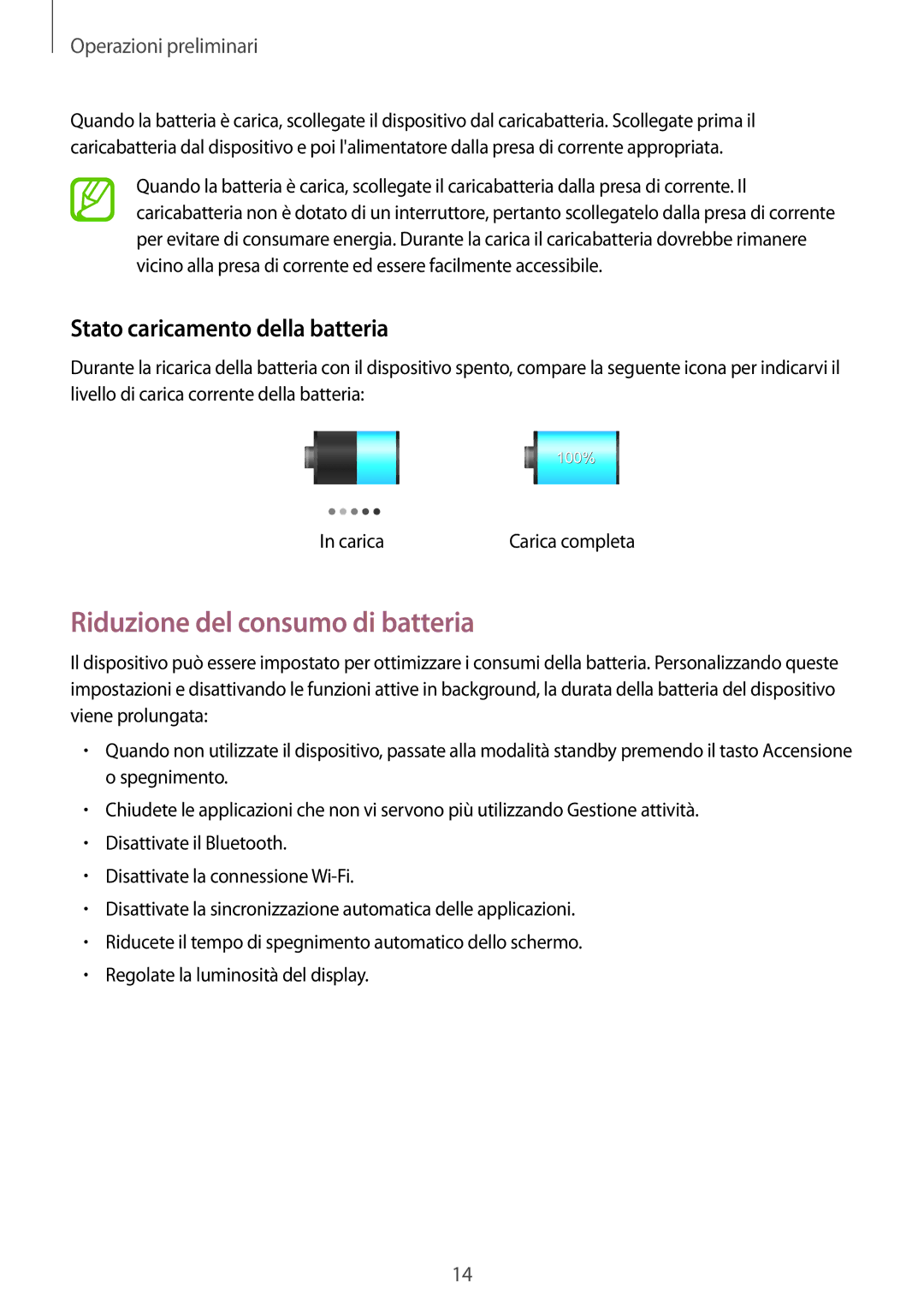 Samsung GT-P5220ZWATIM manual Riduzione del consumo di batteria, Stato caricamento della batteria 