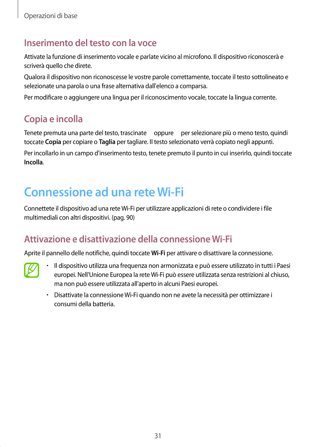 Samsung GT-P5220ZWATIM manual Connessione ad una rete Wi-Fi, Inserimento del testo con la voce, Copia e incolla 