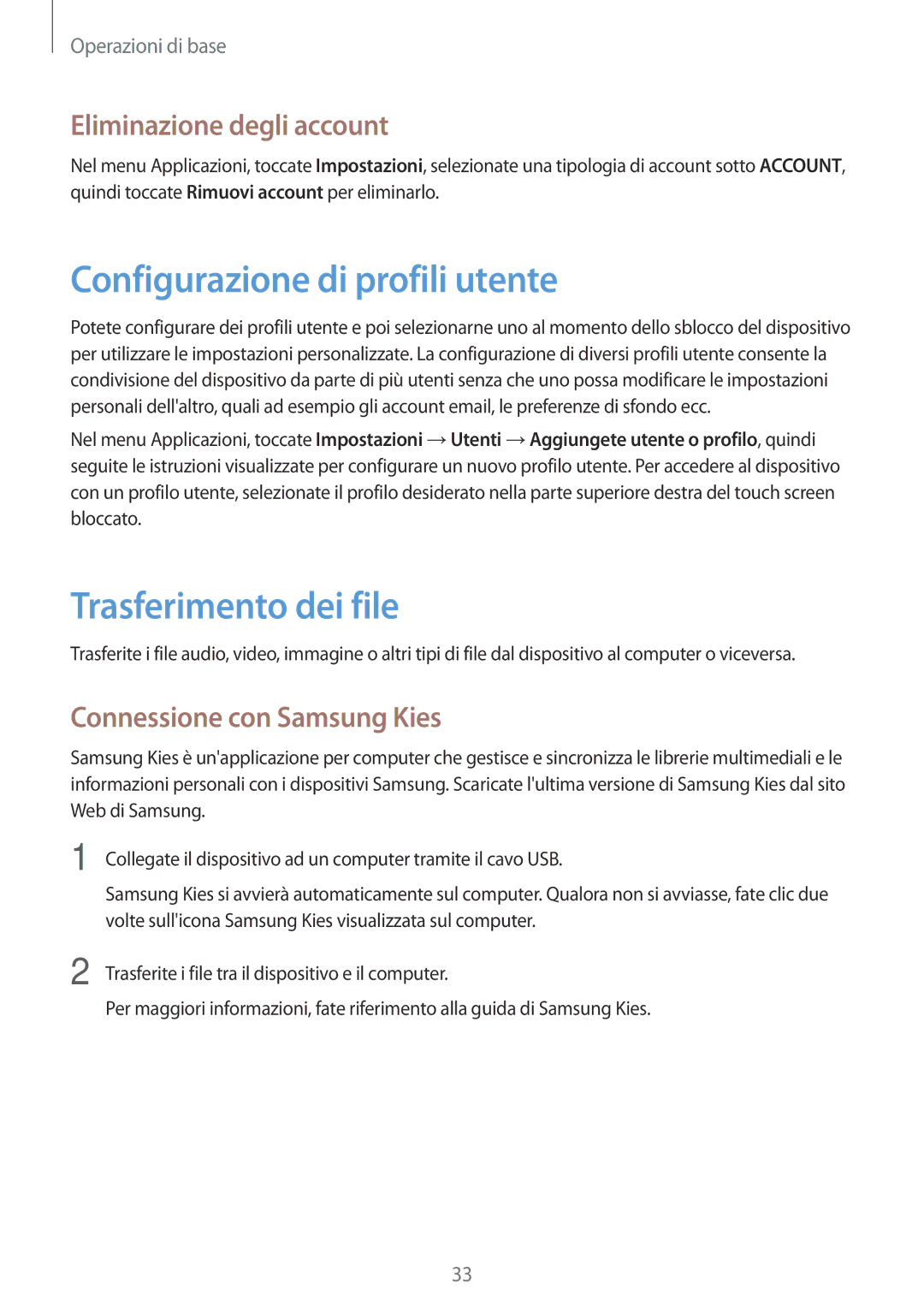 Samsung GT-P5220ZWATIM manual Configurazione di profili utente, Trasferimento dei file, Eliminazione degli account 