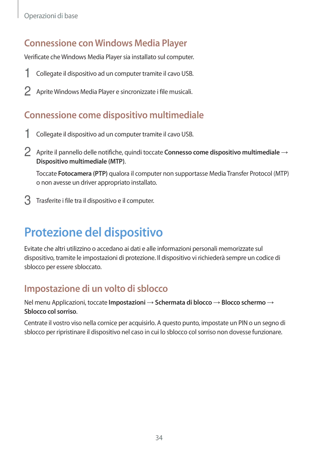 Samsung GT-P5220ZWATIM Protezione del dispositivo, Connessione con Windows Media Player, Dispositivo multimediale MTP 