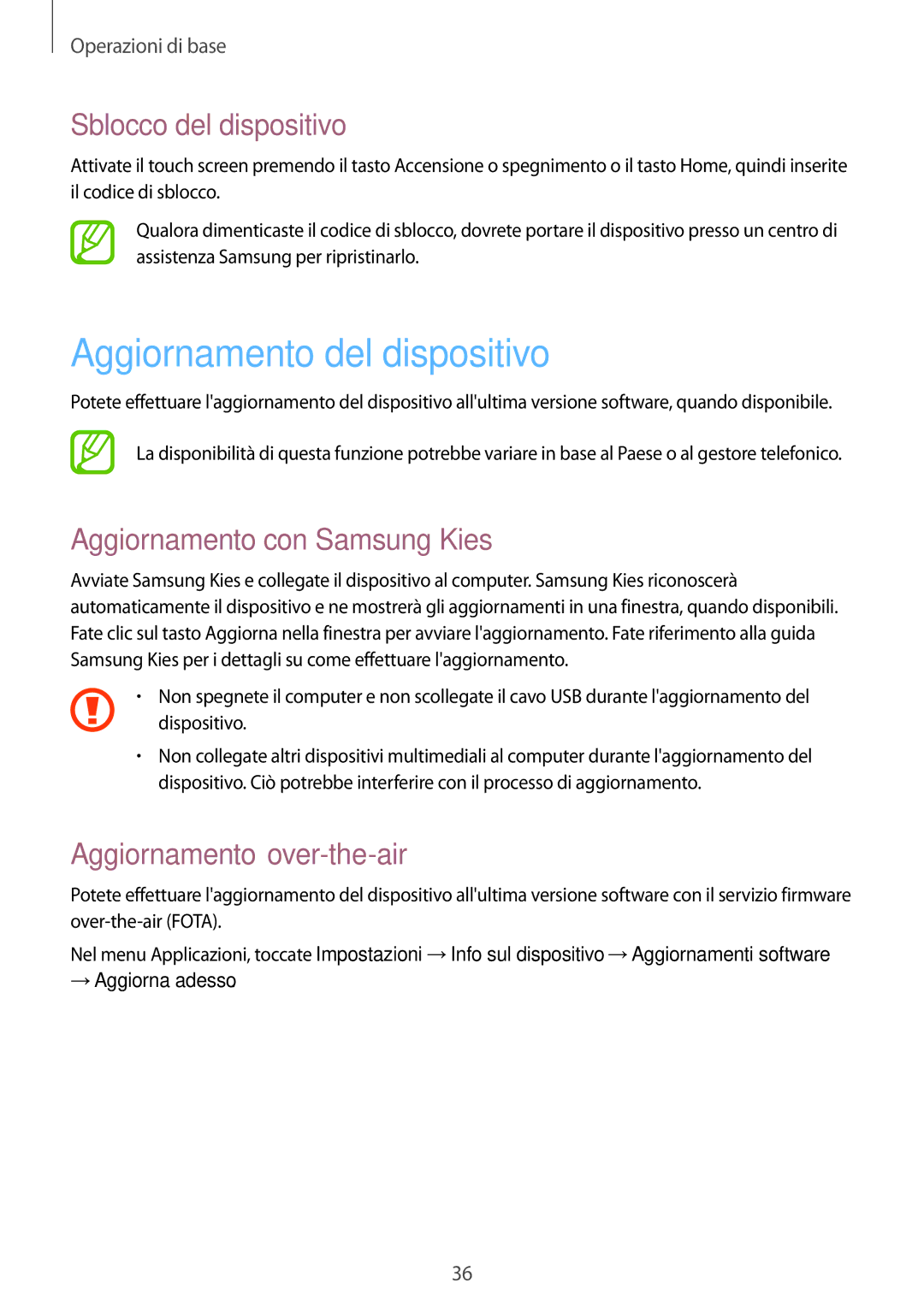 Samsung GT-P5220ZWATIM manual Aggiornamento del dispositivo, Sblocco del dispositivo, Aggiornamento con Samsung Kies 