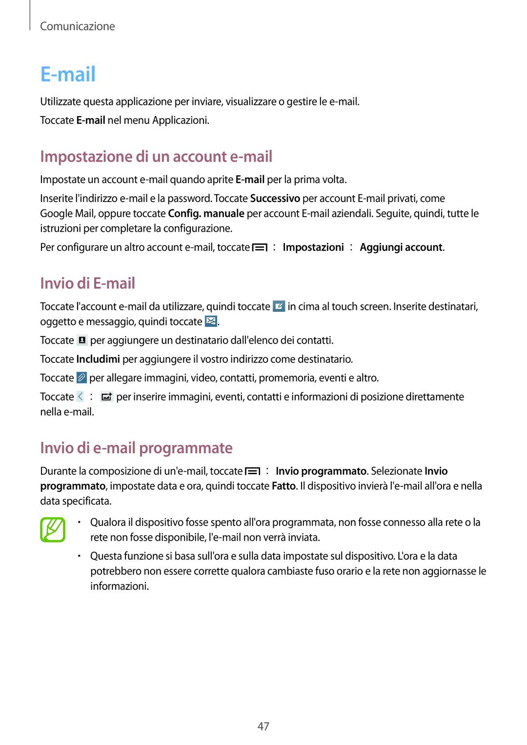 Samsung GT-P5220ZWATIM manual Mail, Impostazione di un account e-mail, Invio di E-mail, Invio di e-mail programmate 