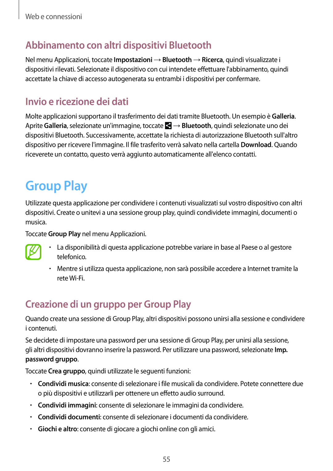 Samsung GT-P5220ZWATIM manual Group Play, Abbinamento con altri dispositivi Bluetooth, Invio e ricezione dei dati 